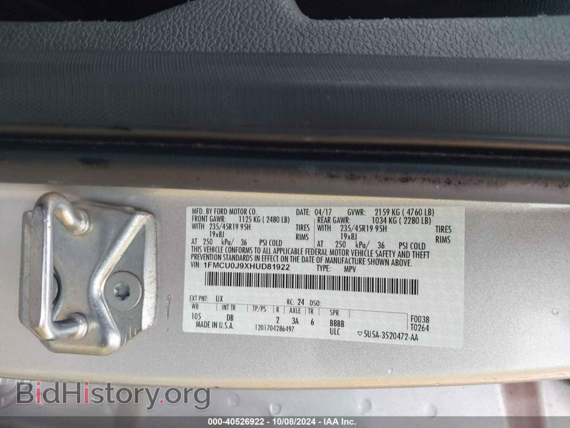 2017 FORD ESCAPE - VIN: 1FMCU0J9XHUD81922 - Фото 9