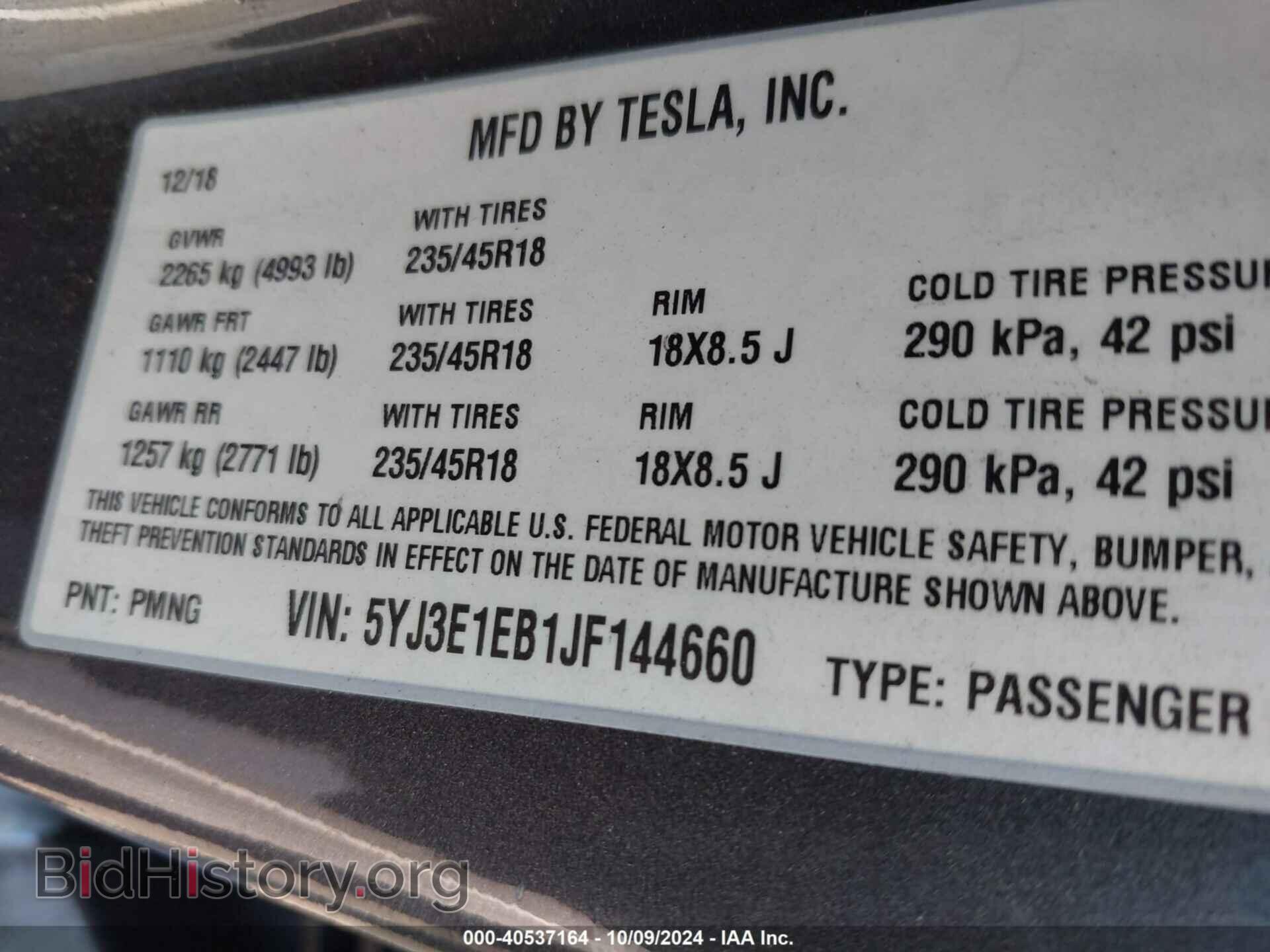 2018 TESLA MODEL 3 - VIN: 5YJ3E1EB1JF144660 - Фото 9