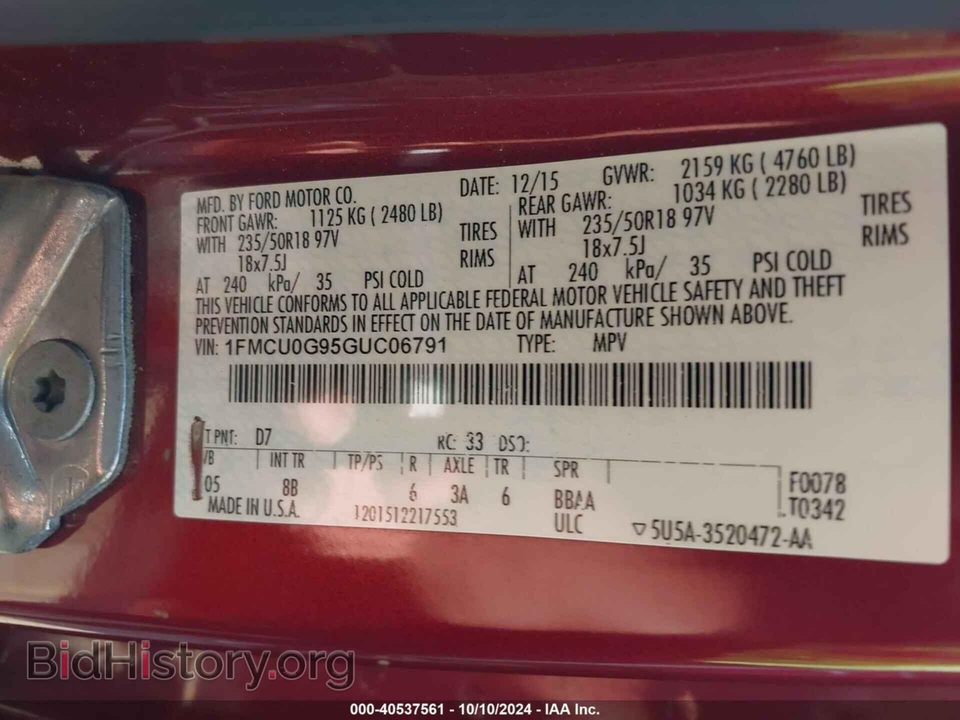 2016 FORD ESCAPE - VIN: 1FMCU0G95GUC06791 - Фото 9