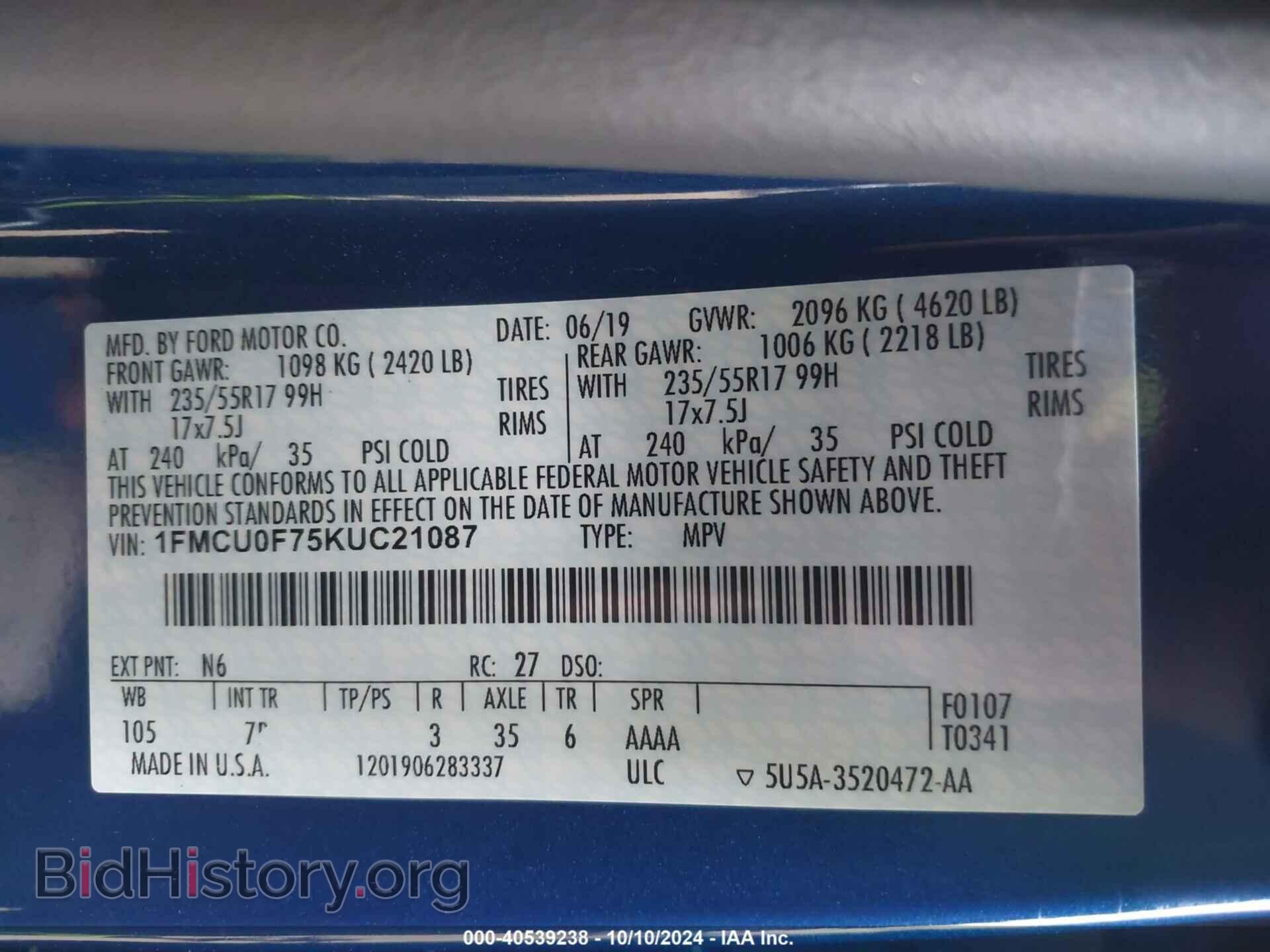 2019 FORD ESCAPE - VIN: 1FMCU0F75KUC21087 - Фото 9
