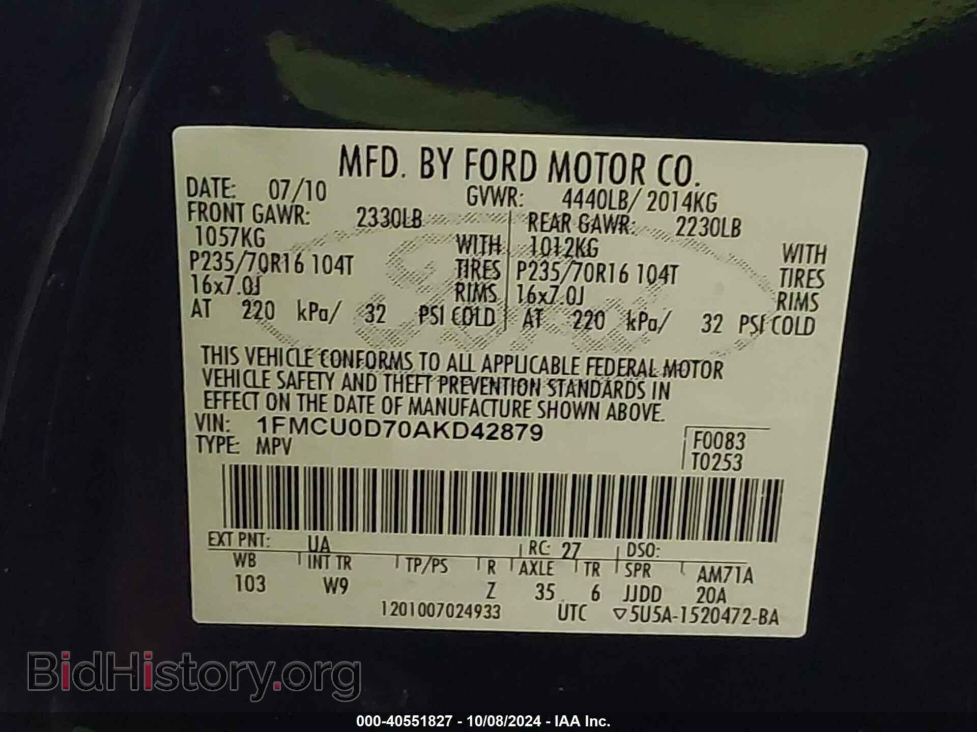 2010 FORD ESCAPE - VIN: 1FMCU0D70AKD42879 - Фото 9