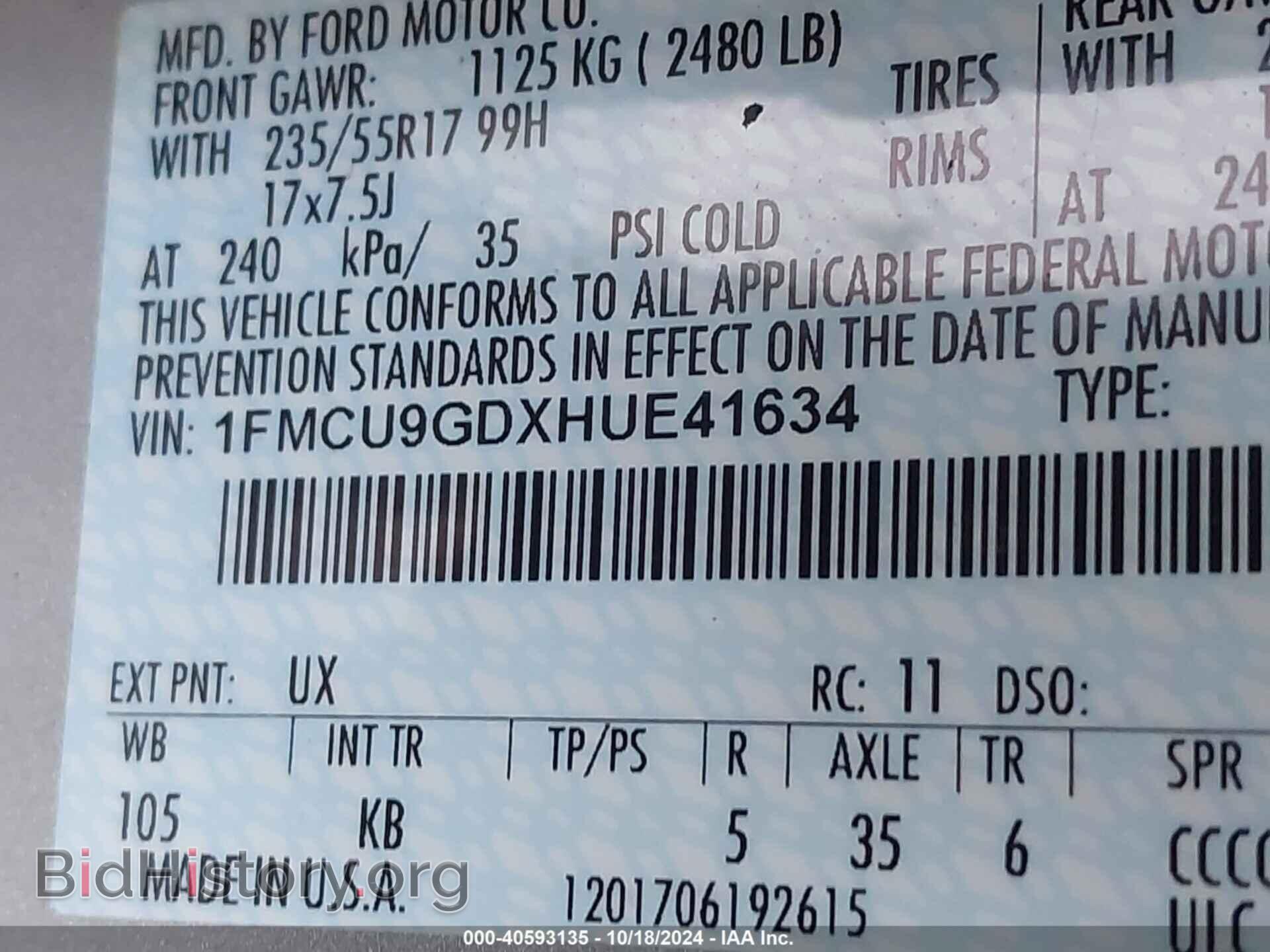 2017 FORD ESCAPE - VIN: 1FMCU9GDXHUE41634 - Фото 9