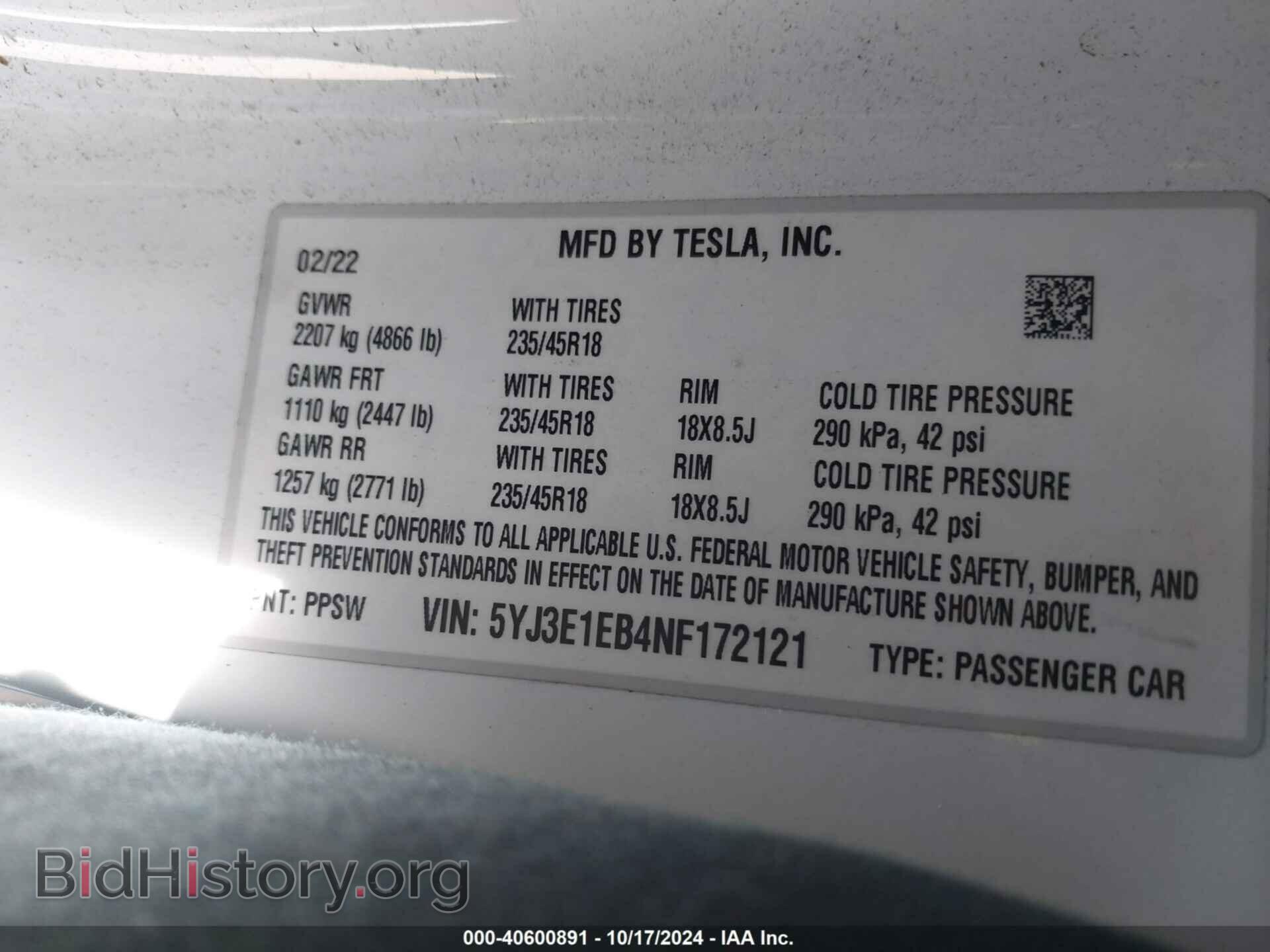 2022 TESLA MODEL 3 - VIN: 5YJ3E1EB4NF172121 - Фото 9