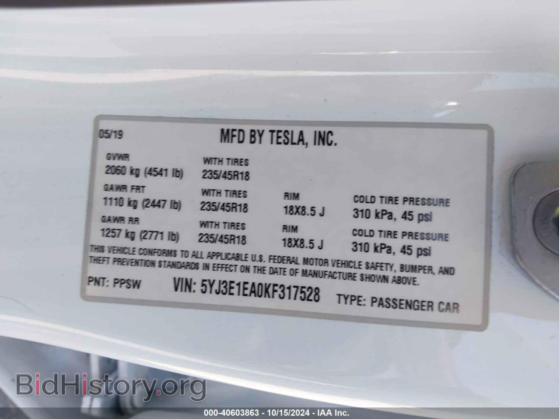 2019 TESLA MODEL 3 - VIN: 5YJ3E1EA0KF317528 - Фото 9