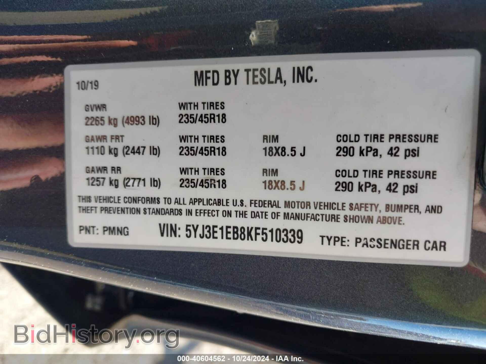 2019 TESLA MODEL 3 - VIN: 5YJ3E1EB8KF510339 - Фото 9