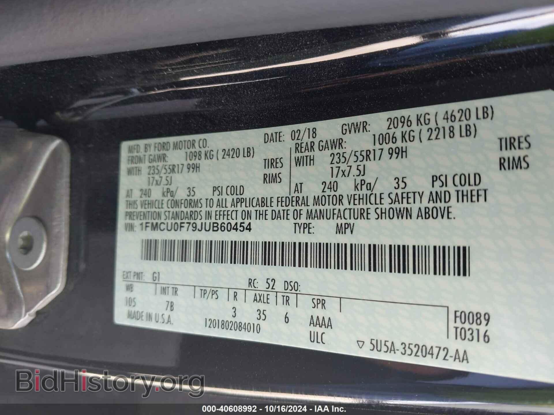 2018 FORD ESCAPE - VIN: 1FMCU0F79JUB60454 - Фото 9