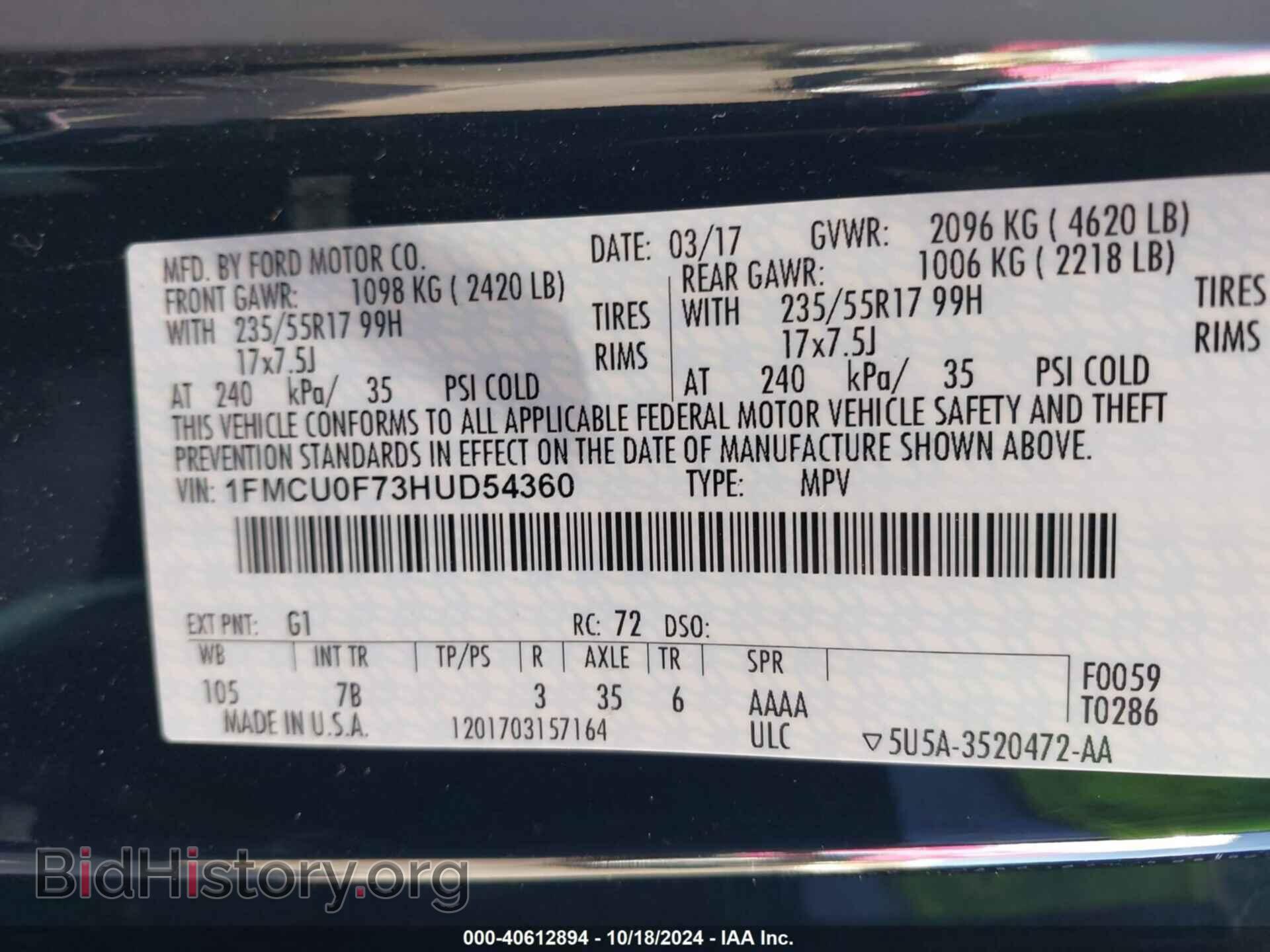 2017 FORD ESCAPE - VIN: 1FMCU0F73HUD54360 - Фото 9