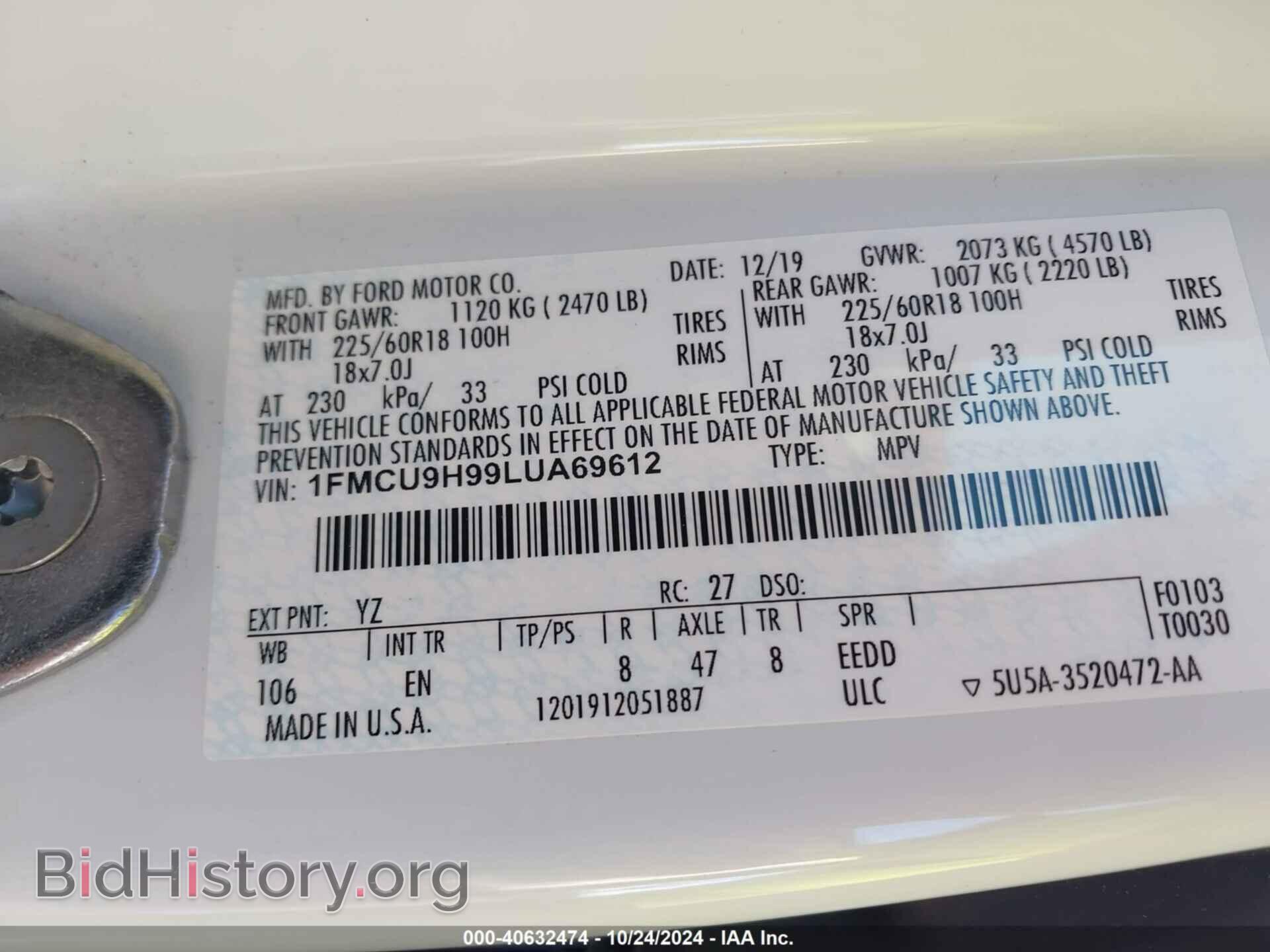 2020 FORD ESCAPE - VIN: 1FMCU9H99LUA69612 - Photo 9