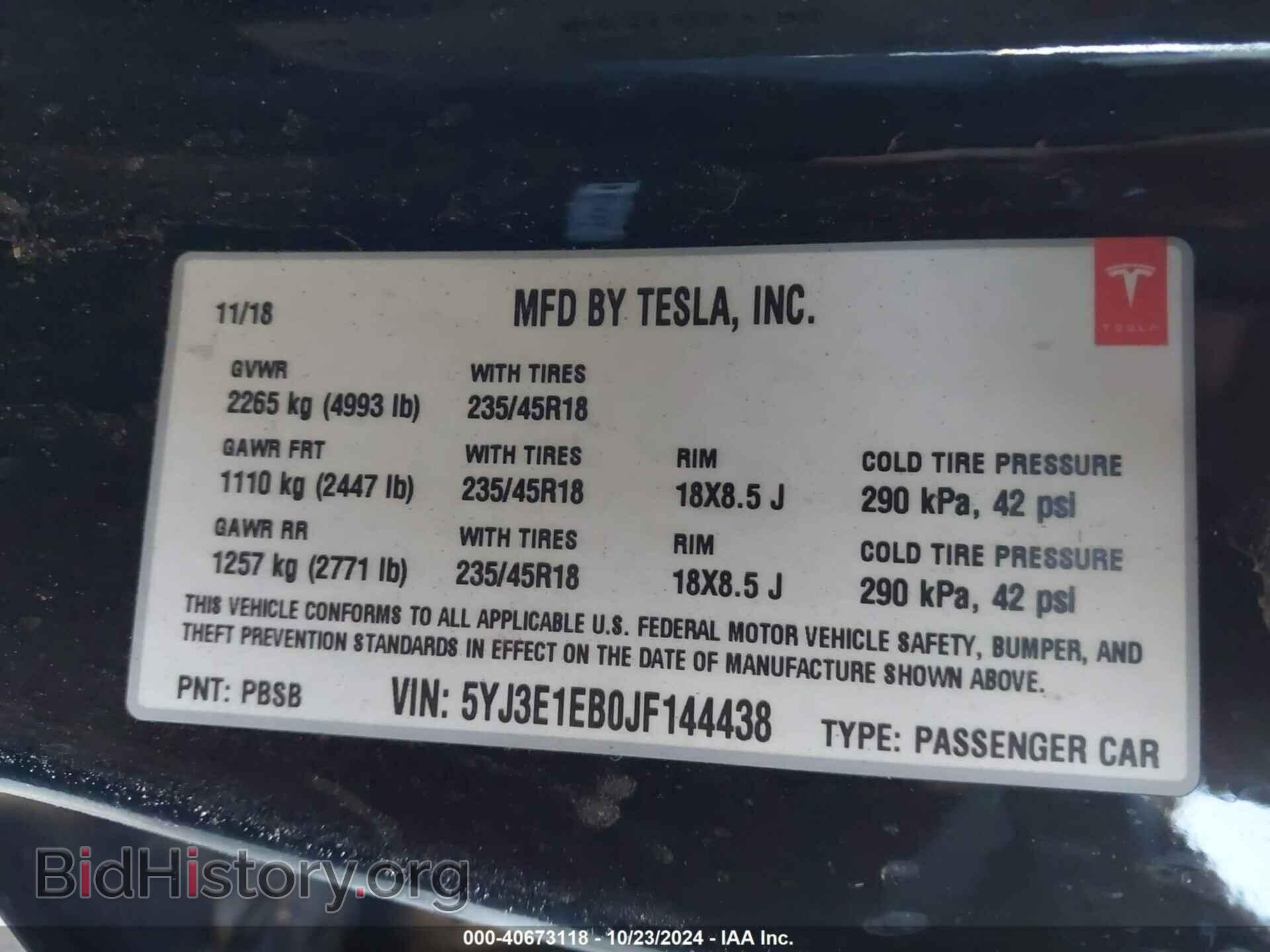 2018 TESLA MODEL 3 - VIN: 5YJ3E1EB0JF144438 - Фото 9
