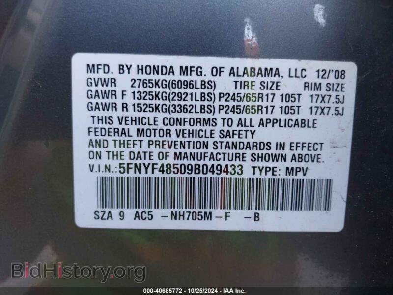 2009 Honda PILOT (VIN 5FNYF48509B049433) — фото 9 из 12