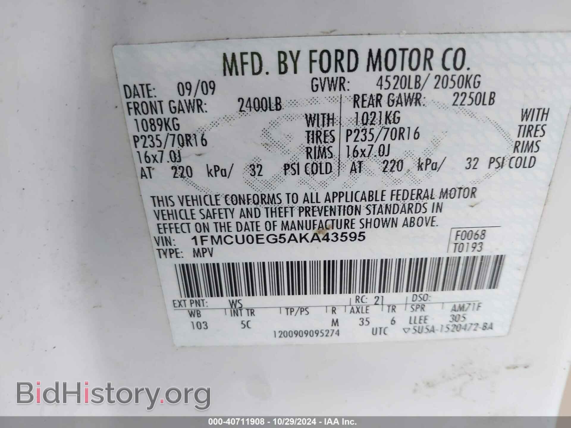 2010 FORD ESCAPE - VIN: 1FMCU0EG5AKA43595 - Фото 9