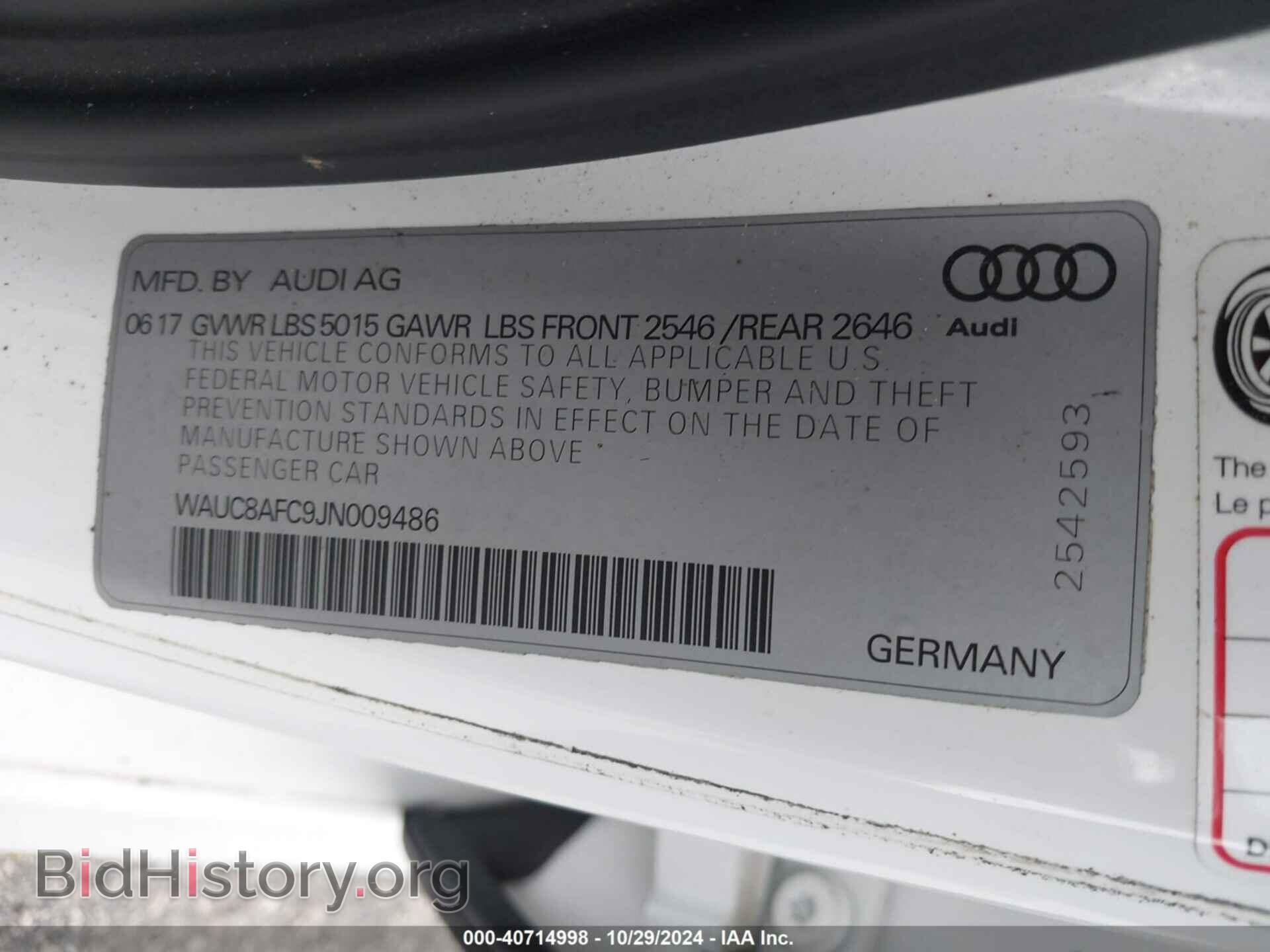 2018 AUDI A6 - VIN: WAUC8AFC9JN009486 - Фото 9