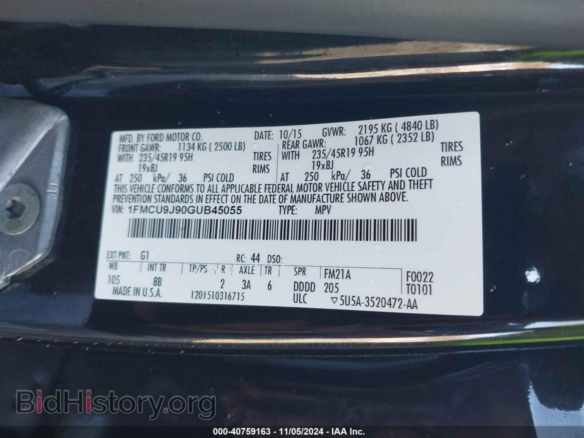 2016 FORD ESCAPE - VIN: 1FMCU9J90GUB45055 - Фото 9