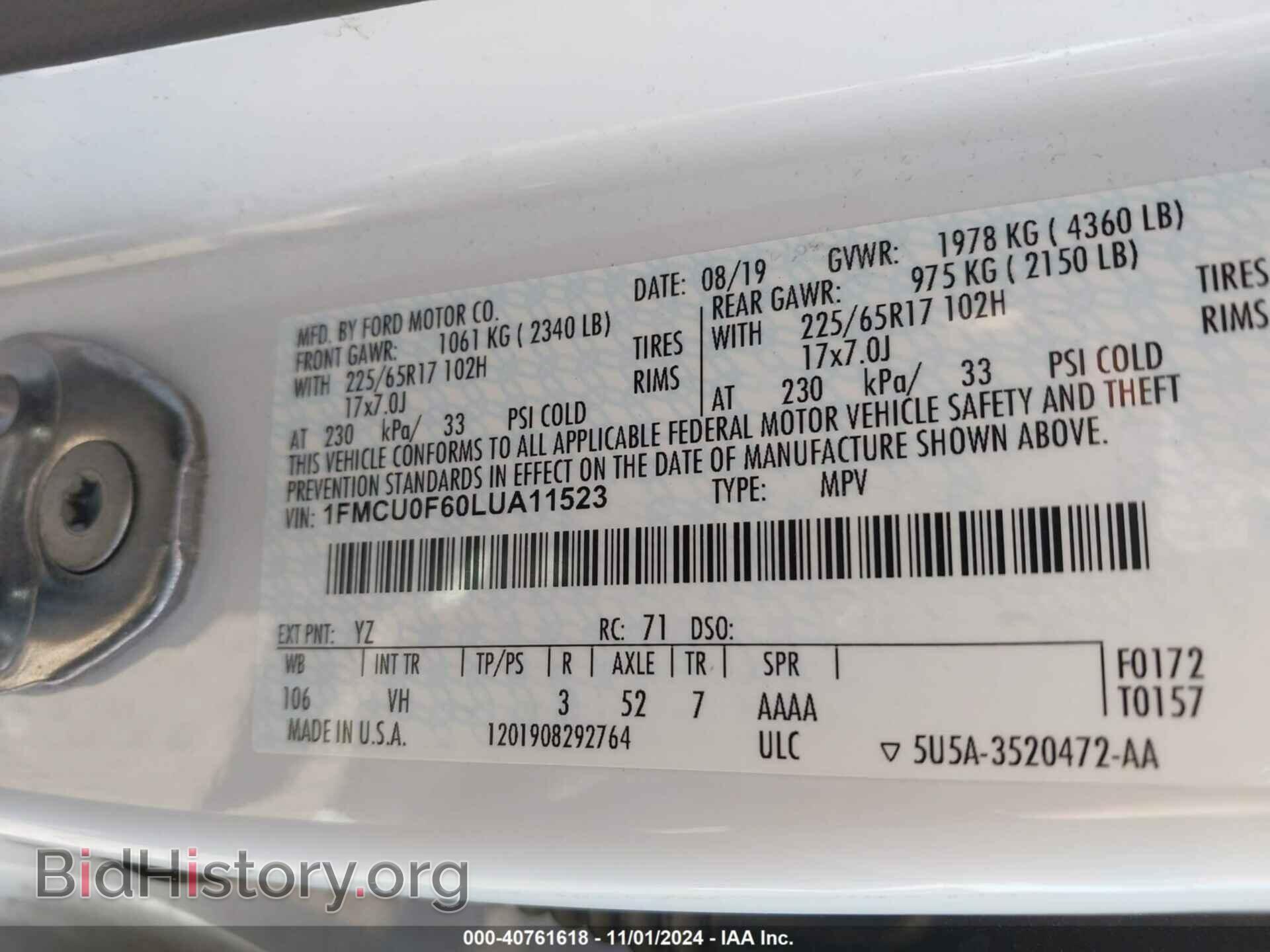 2020 FORD ESCAPE - VIN: 1FMCU0F60LUA11523 - Photo 4