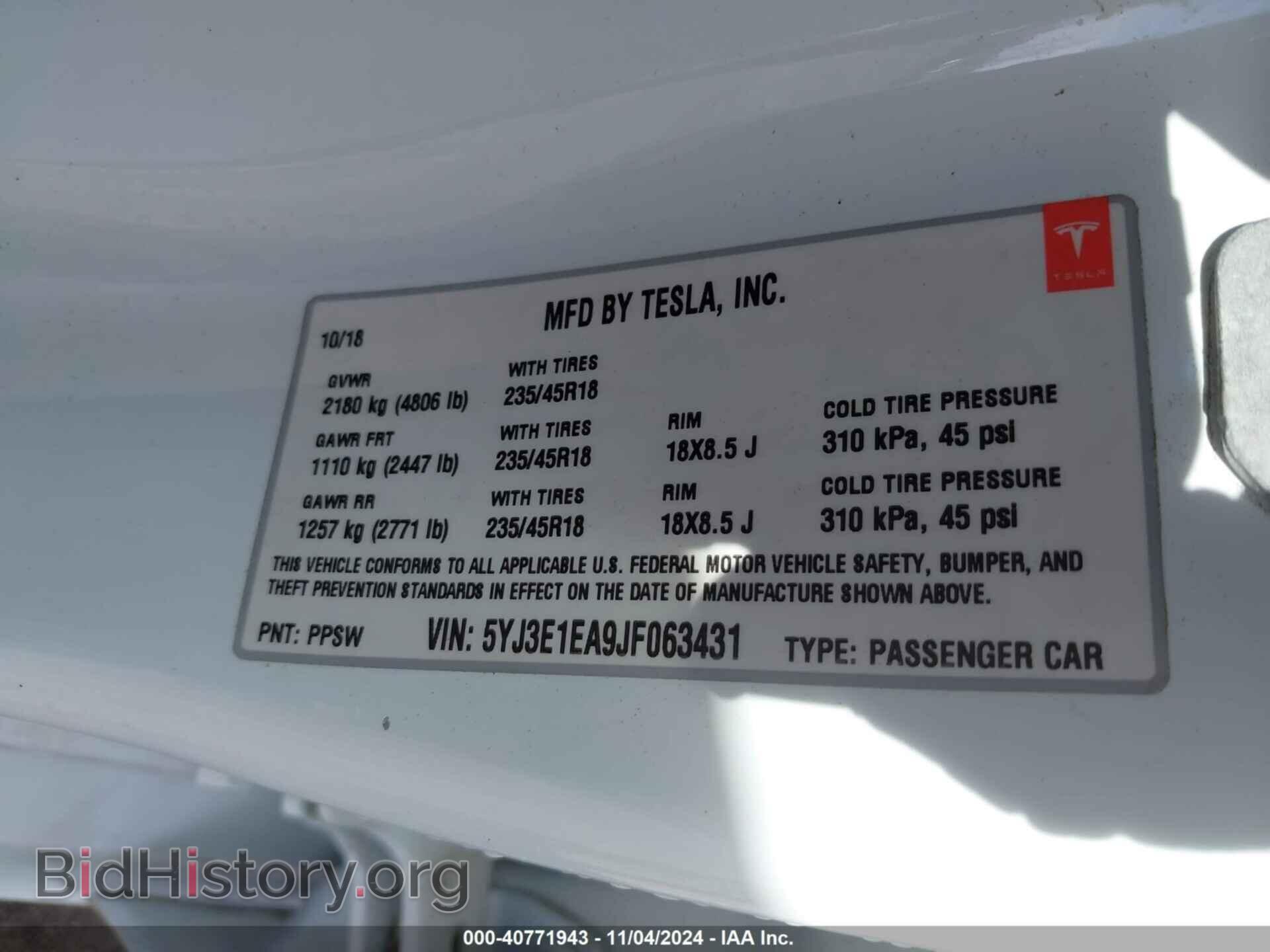 2018 TESLA MODEL 3 - VIN: 5YJ3E1EA9JF063431 - Фото 9