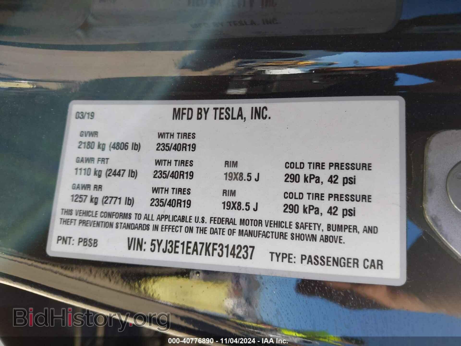 2019 TESLA MODEL 3 - VIN: 5YJ3E1EA7KF314237 - Фото 9