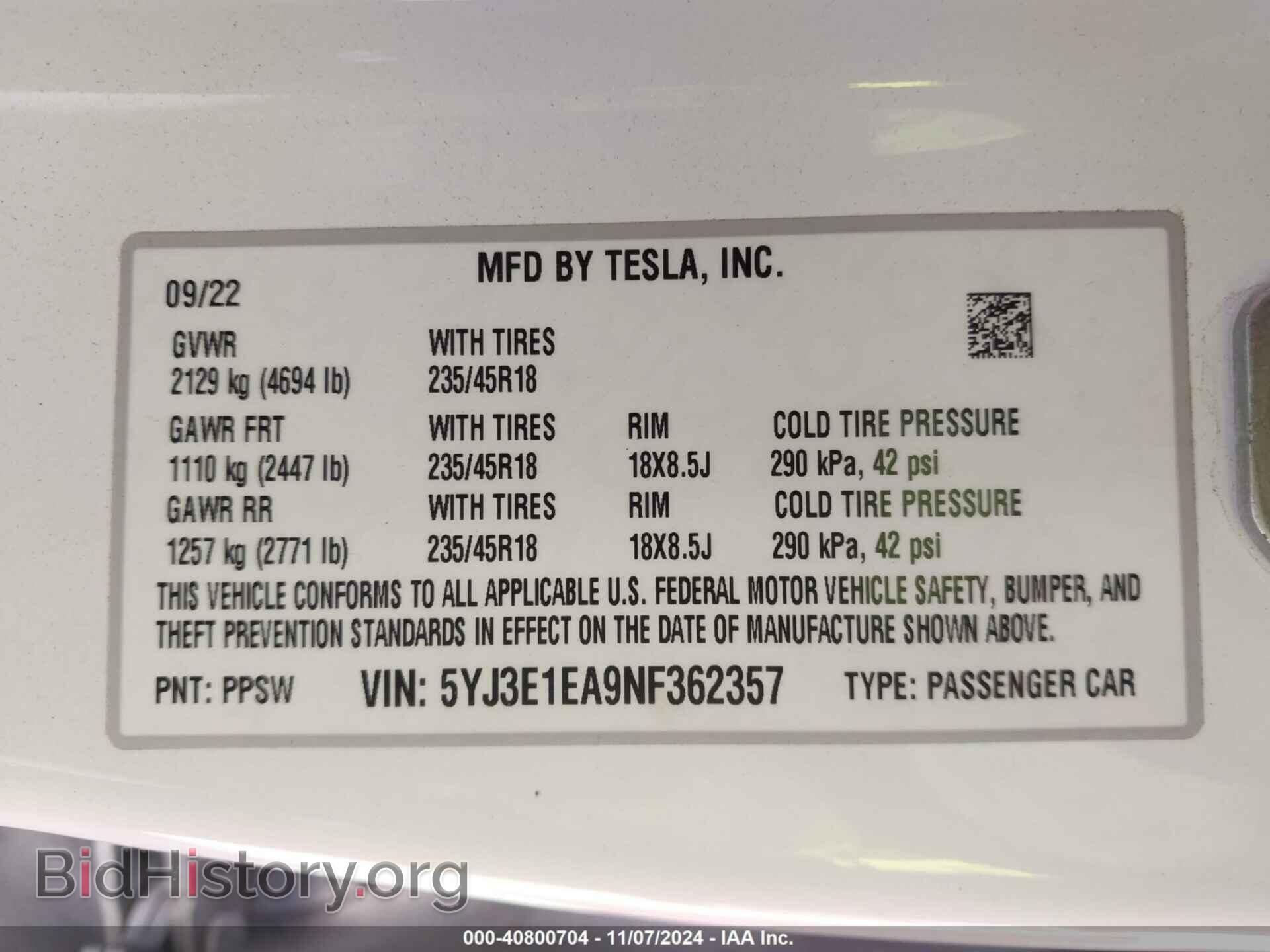 2022 TESLA MODEL 3 - VIN: 5YJ3E1EA9NF362357 - Фото 9