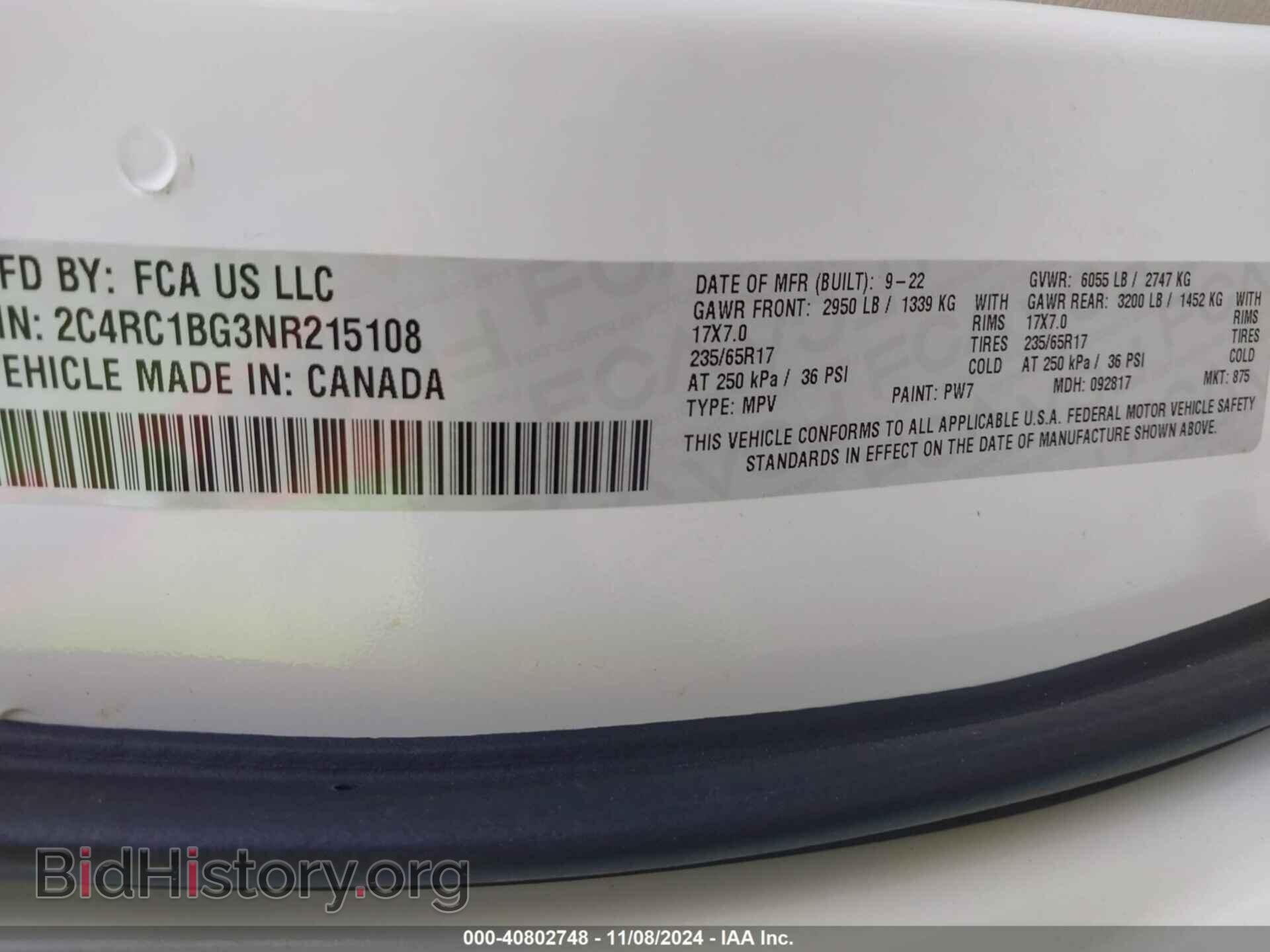 2022 CHRYSLER PACIFICA - VIN: 2C4RC1BG3NR215108 - Фото 9