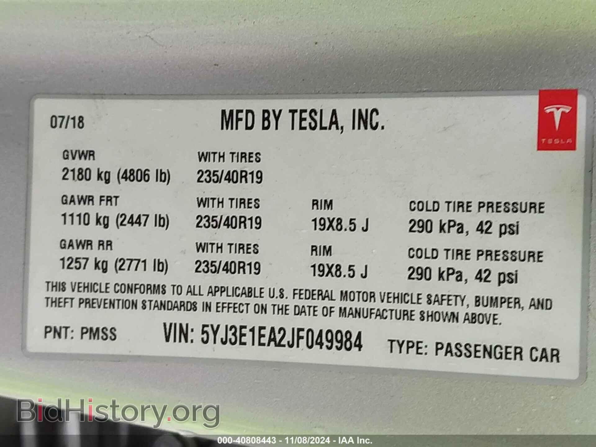 2018 TESLA MODEL 3 - VIN: 5YJ3E1EA2JF049984 - Фото 9