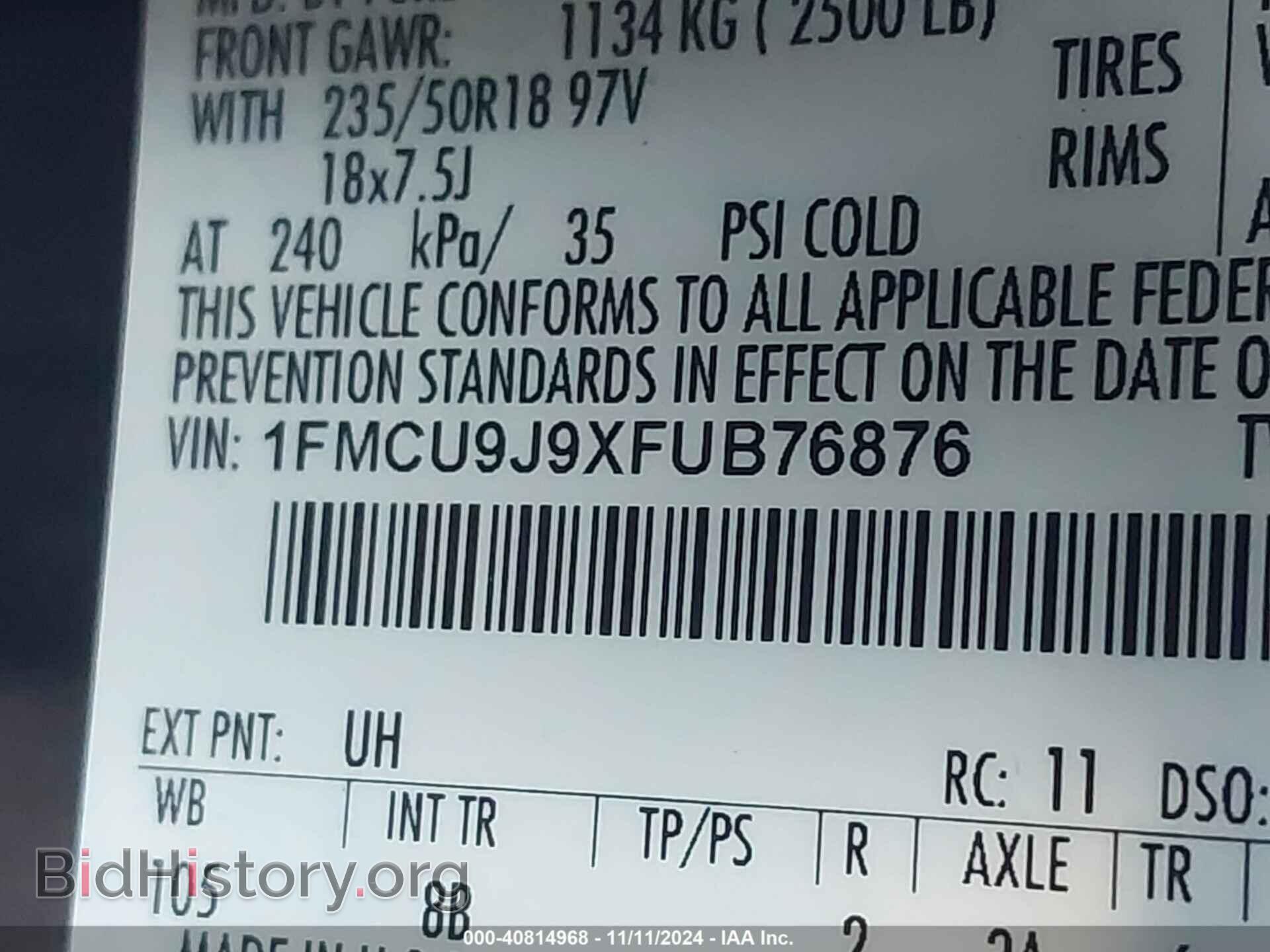 2015 FORD ESCAPE - VIN: 1FMCU9J9XFUB76876 - Фото 9