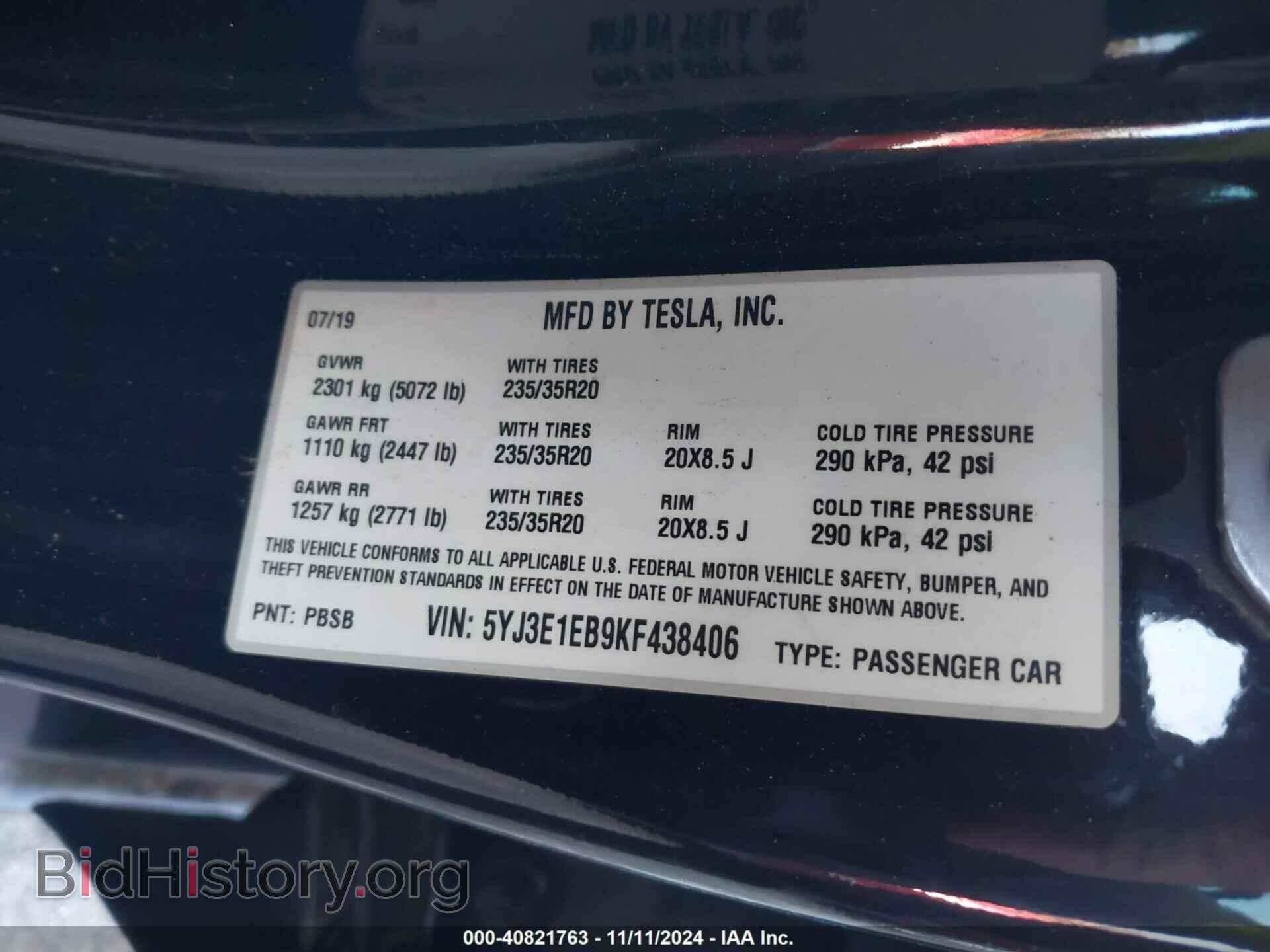 2019 TESLA MODEL 3 - VIN: 5YJ3E1EB9KF438406 - Фото 9
