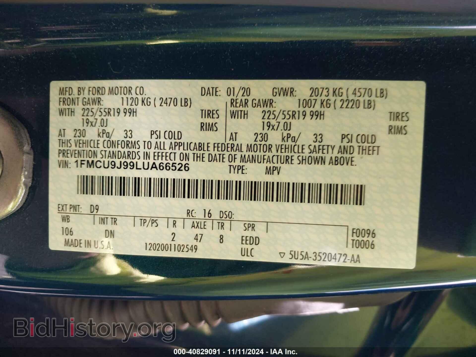 2020 FORD ESCAPE - VIN: 1FMCU9J99LUA66526 - Photo 9