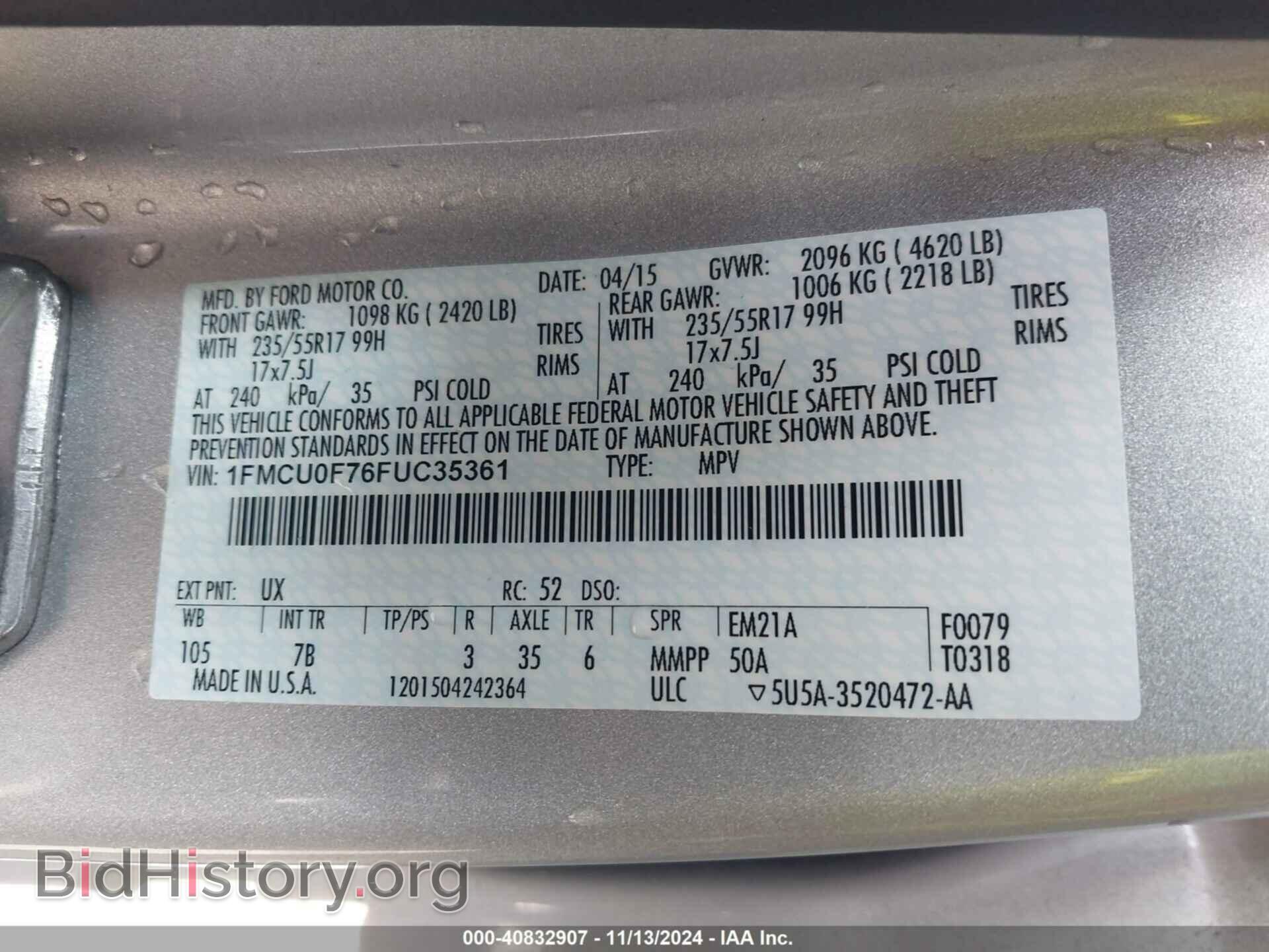 2015 FORD ESCAPE - VIN: 1FMCU0F76FUC35361 - Photo 9