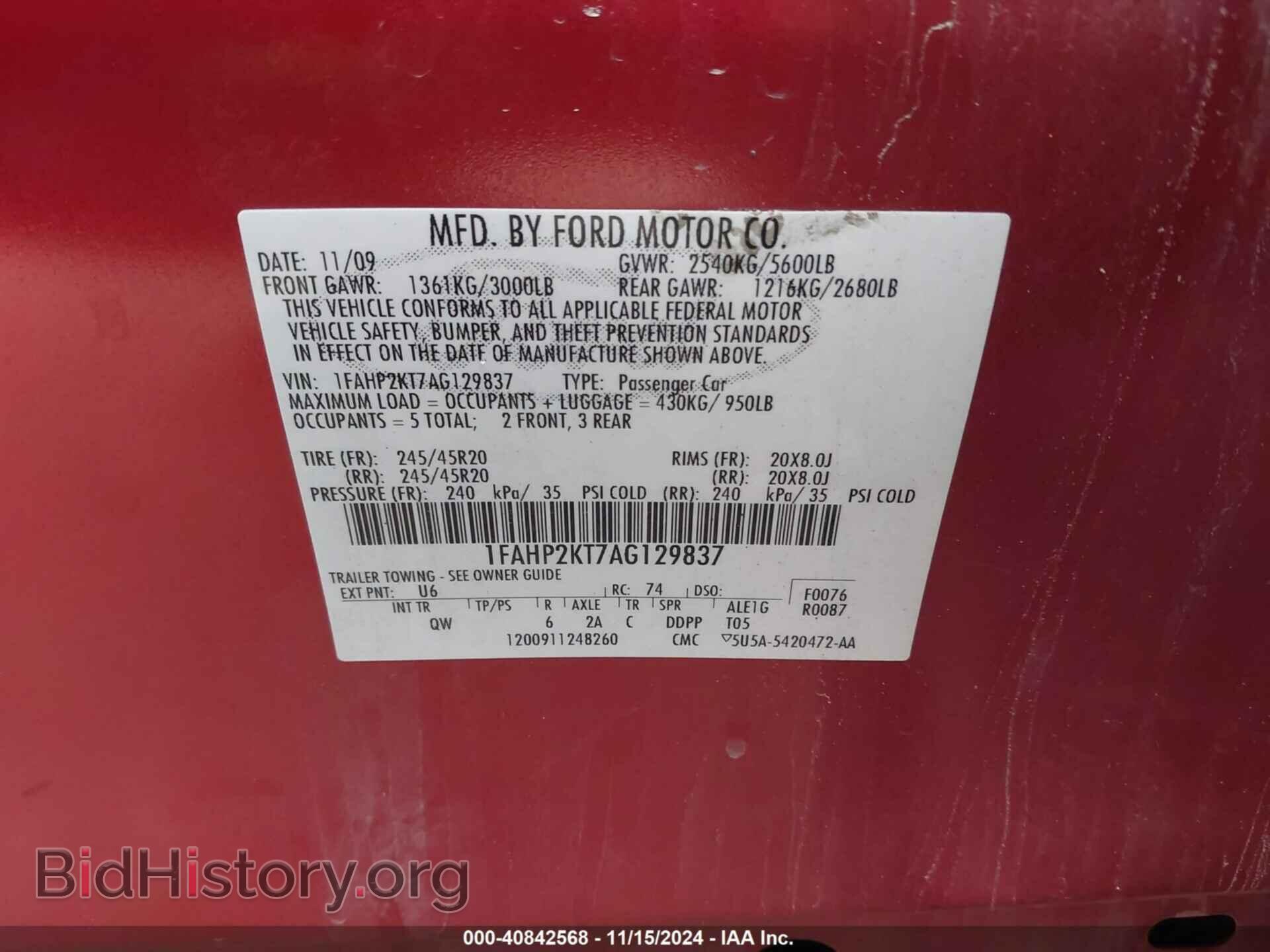 2010 FORD TAURUS - VIN: 1FAHP2KT7AG129837 - Фото 9
