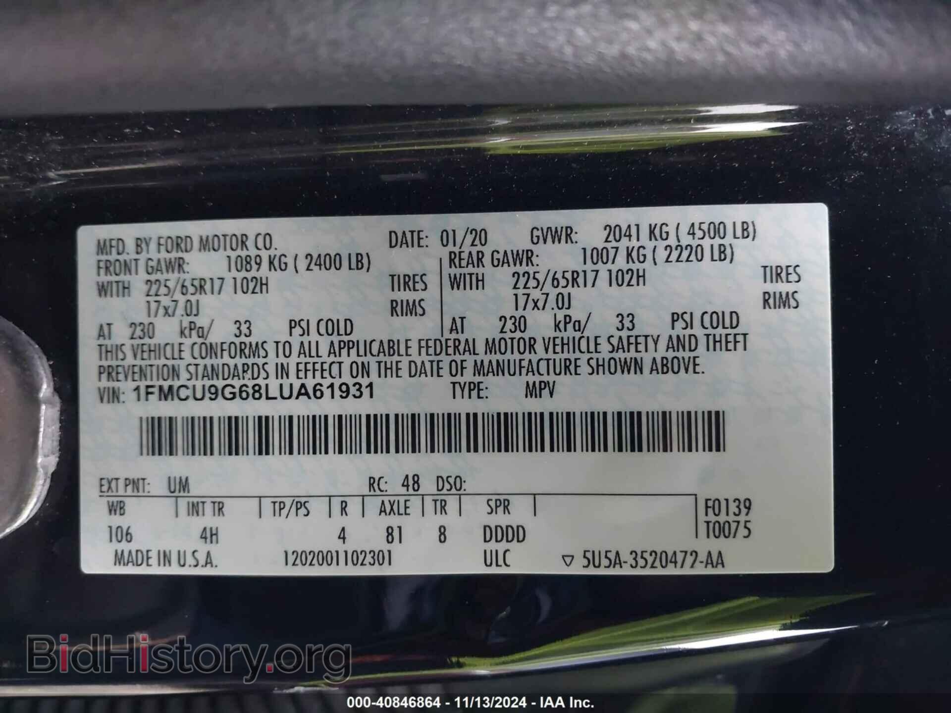 2020 FORD ESCAPE - VIN: 1FMCU9G68LUA61931 - Photo 9