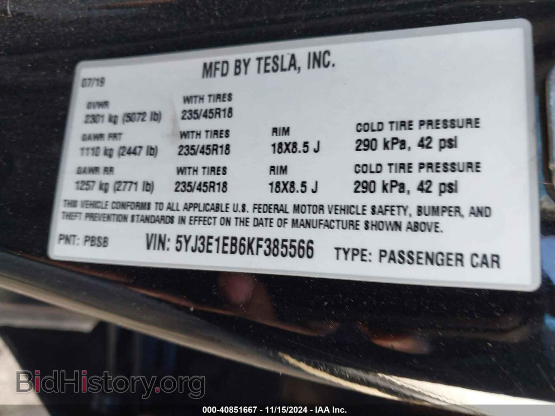 2019 TESLA MODEL 3 - VIN: 5YJ3E1EB6KF385566 - Фото 9
