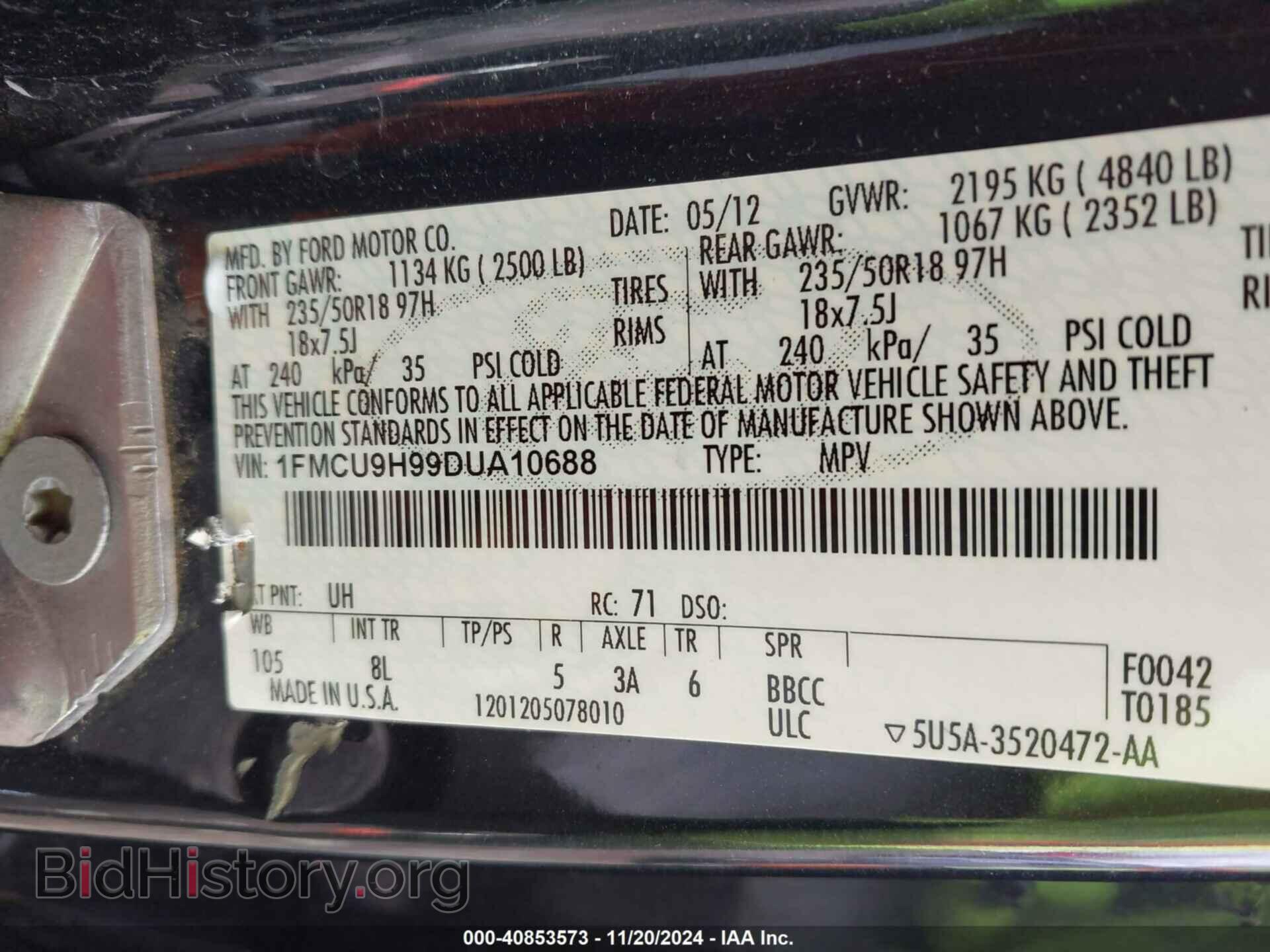 2013 FORD ESCAPE - VIN: 1FMCU9H99DUA10688 - Фото 9