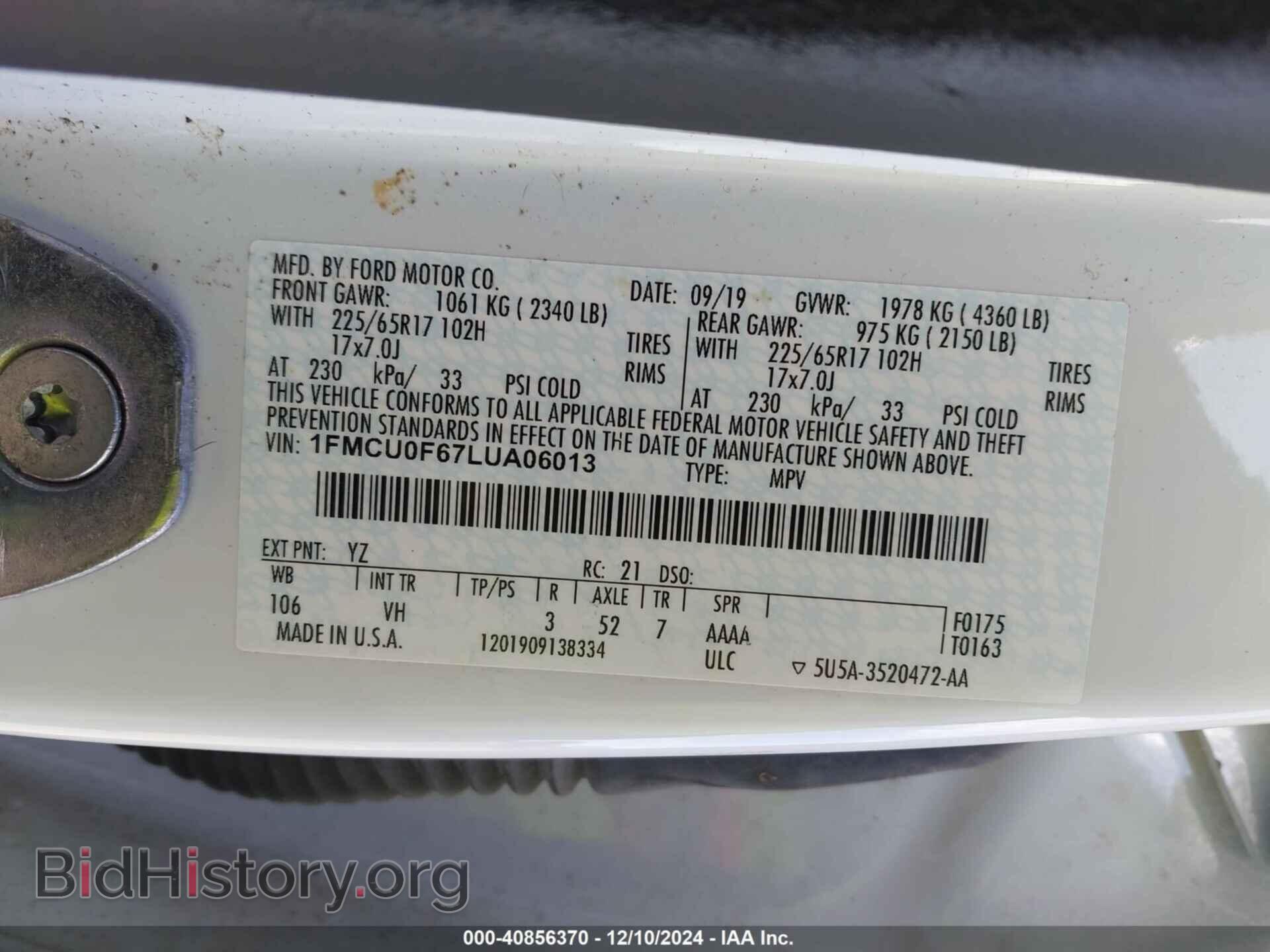 2020 FORD ESCAPE - VIN: 1FMCU0F67LUA06013 - Photo 9