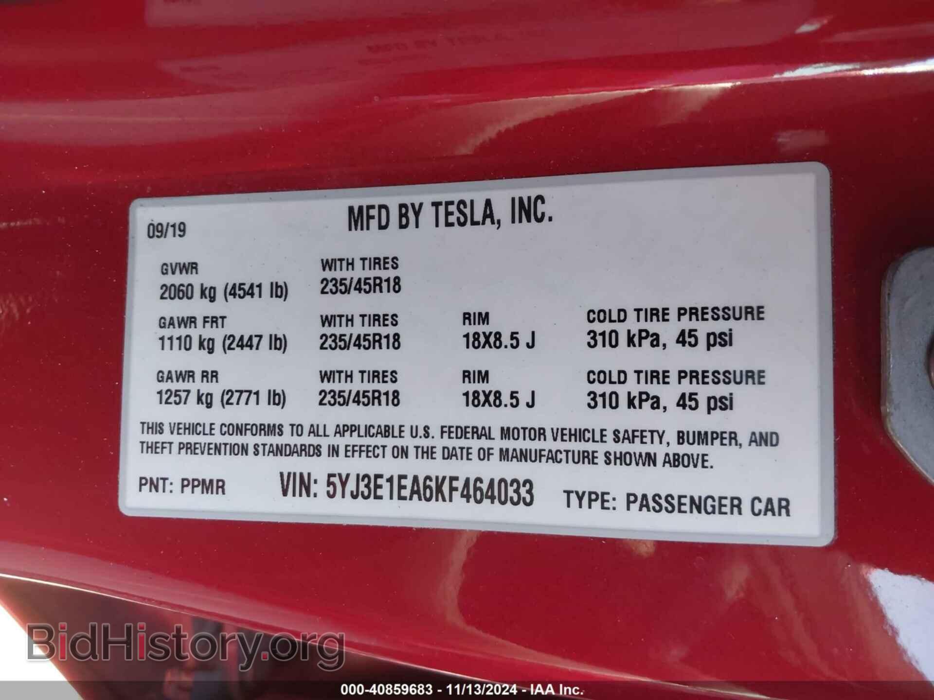 2019 TESLA MODEL 3 - VIN: 5YJ3E1EA6KF464033 - Фото 9