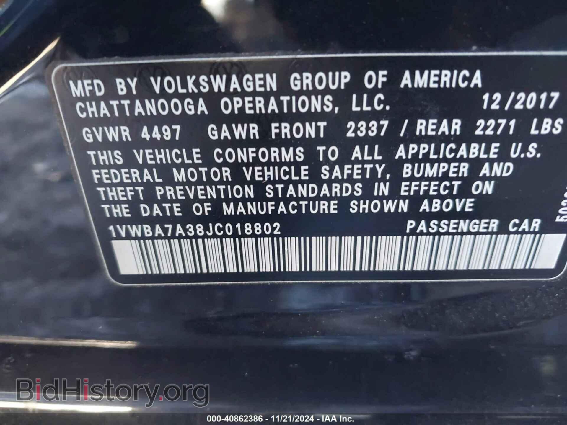 2018 VOLKSWAGEN PASSAT - VIN: 1VWBA7A38JC018802 - Фото 9