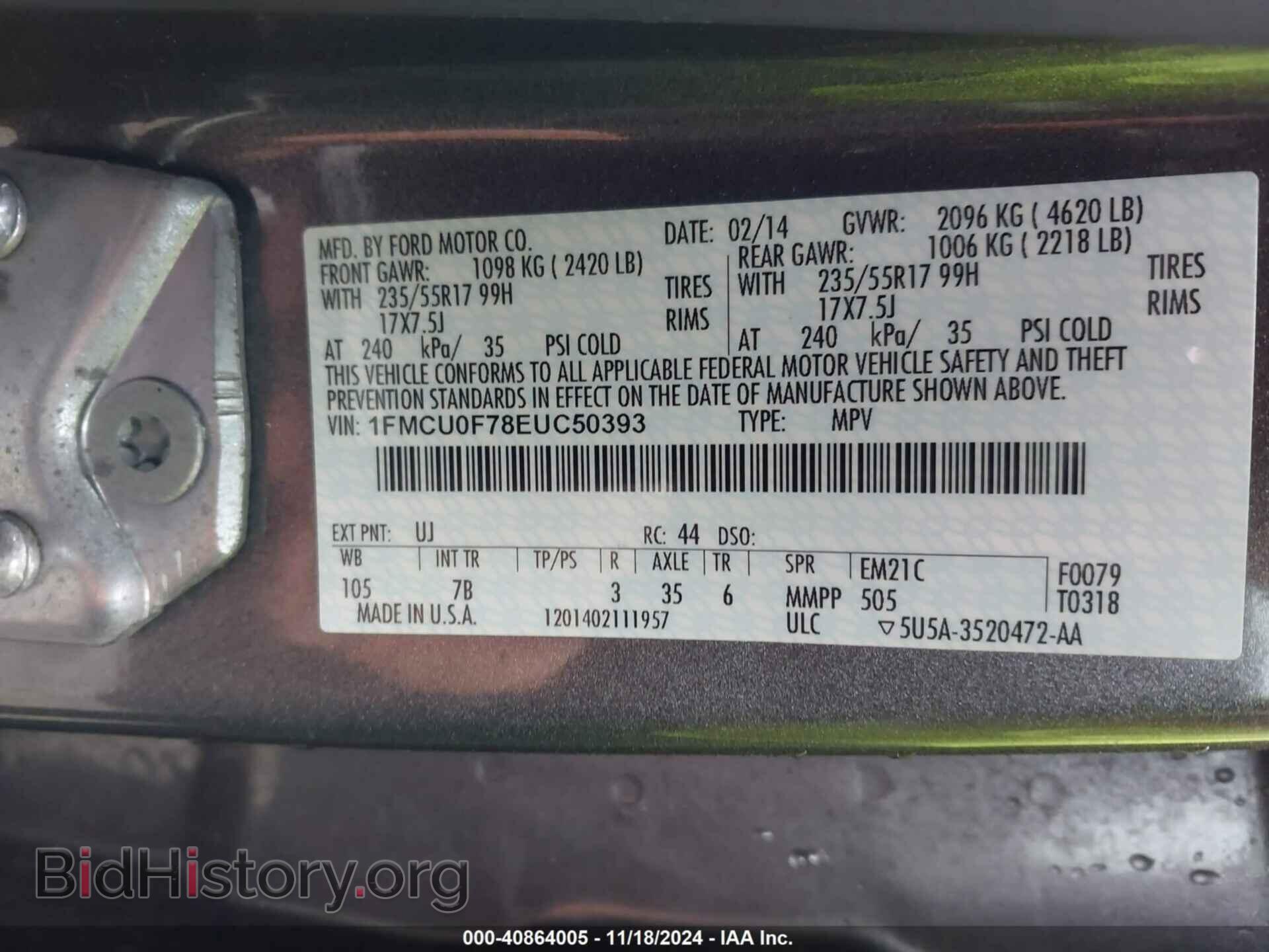 2014 FORD ESCAPE - VIN: 1FMCU0F78EUC50393 - Фото 9