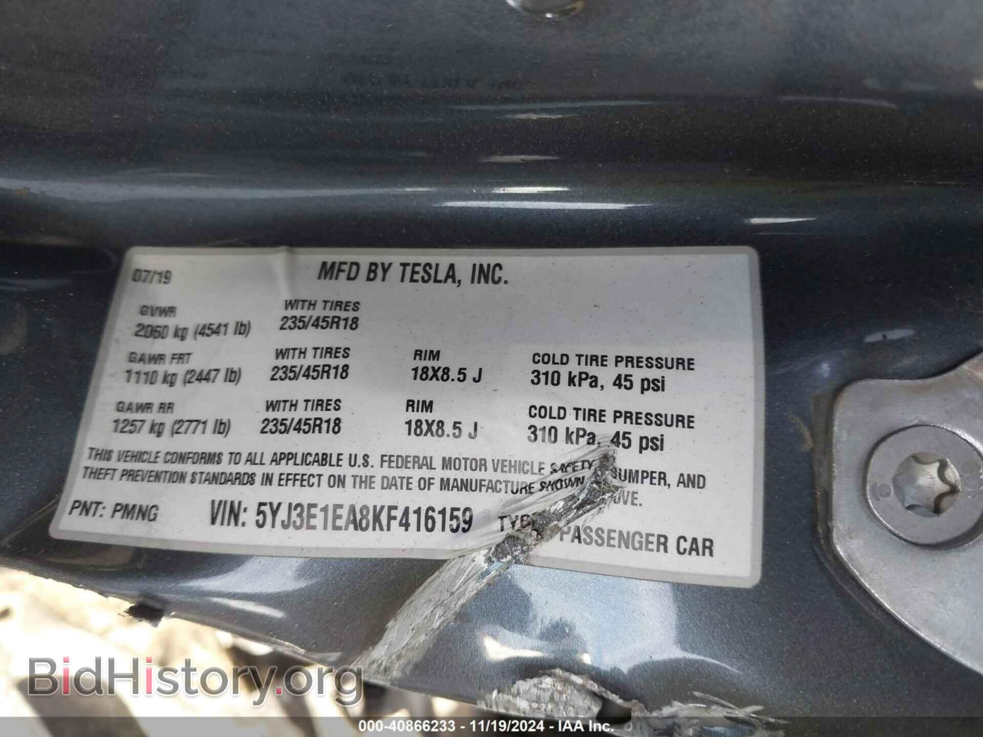 2019 TESLA MODEL 3 - VIN: 5YJ3E1EA8KF416159 - Фото 9