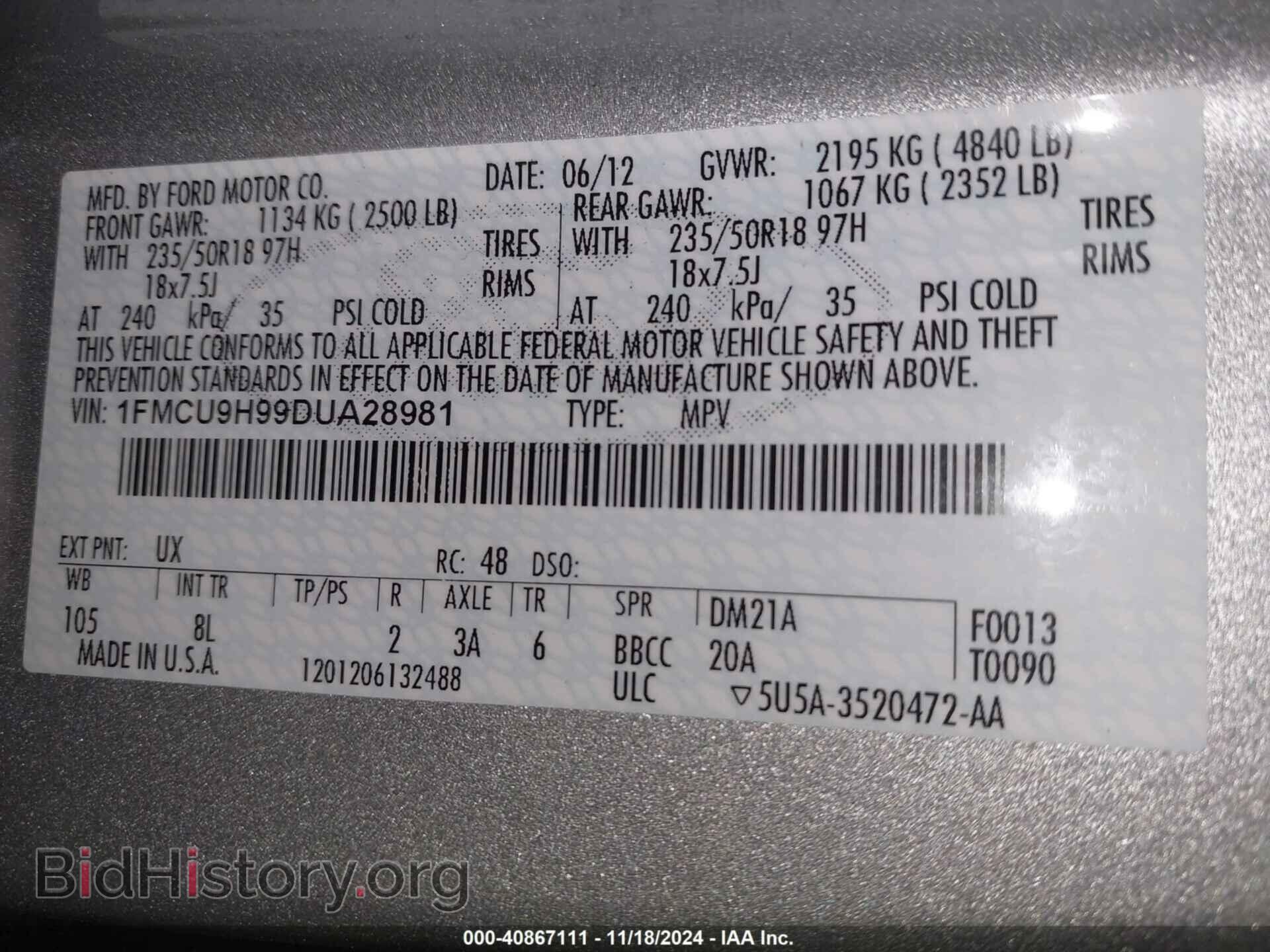 2013 FORD ESCAPE - VIN: 1FMCU9H99DUA28981 - Фото 9