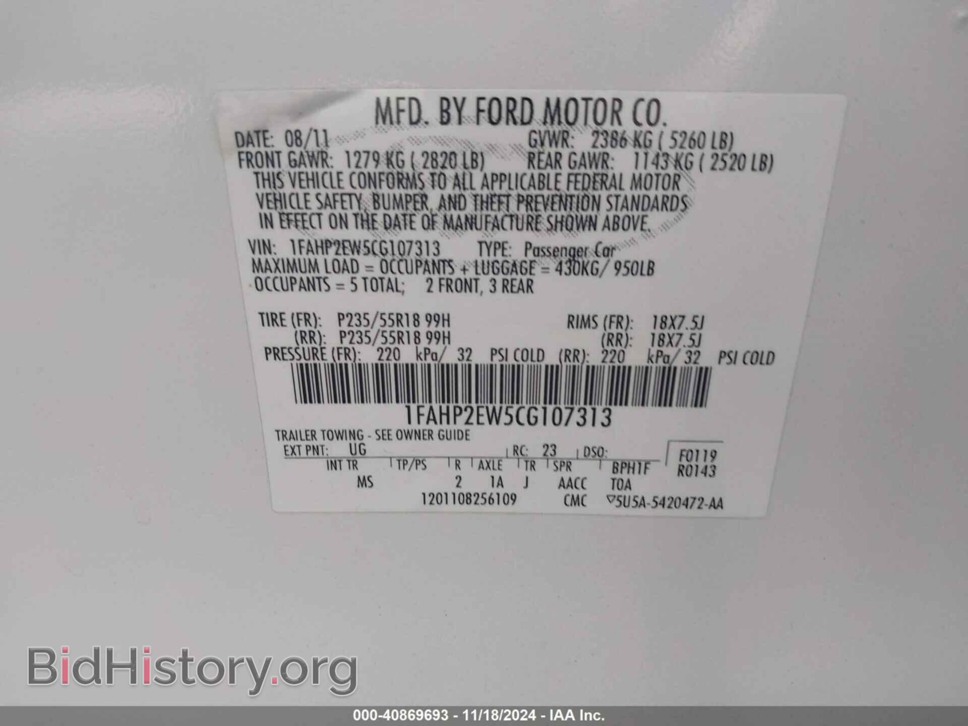 2012 FORD TAURUS - VIN: 1FAHP2EW5CG107313 - Photo 9