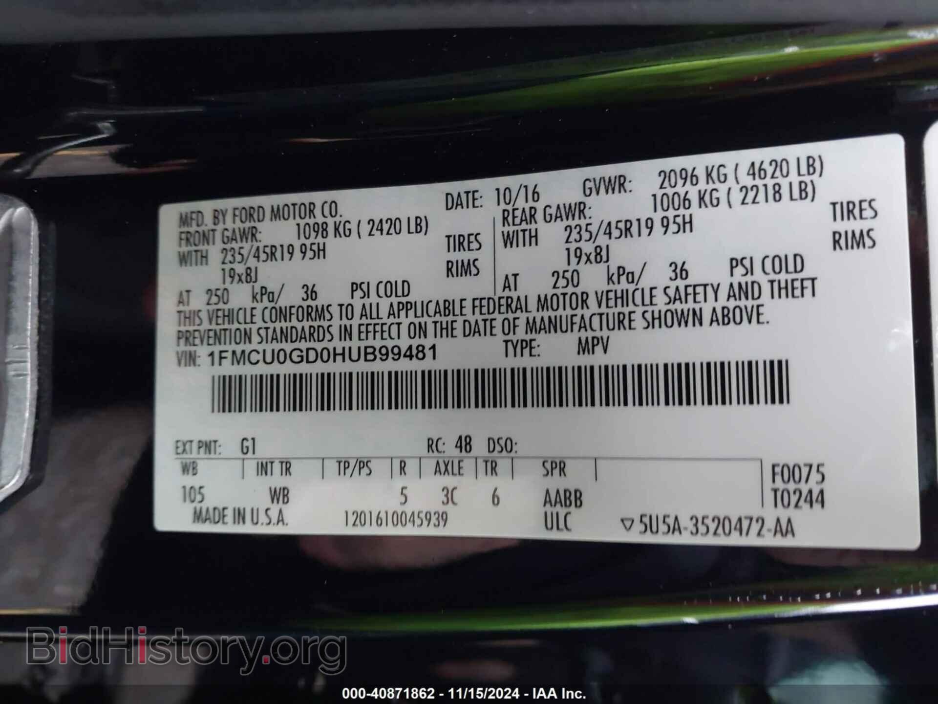 2017 FORD ESCAPE - VIN: 1FMCU0GD0HUB99481 - Фото 9