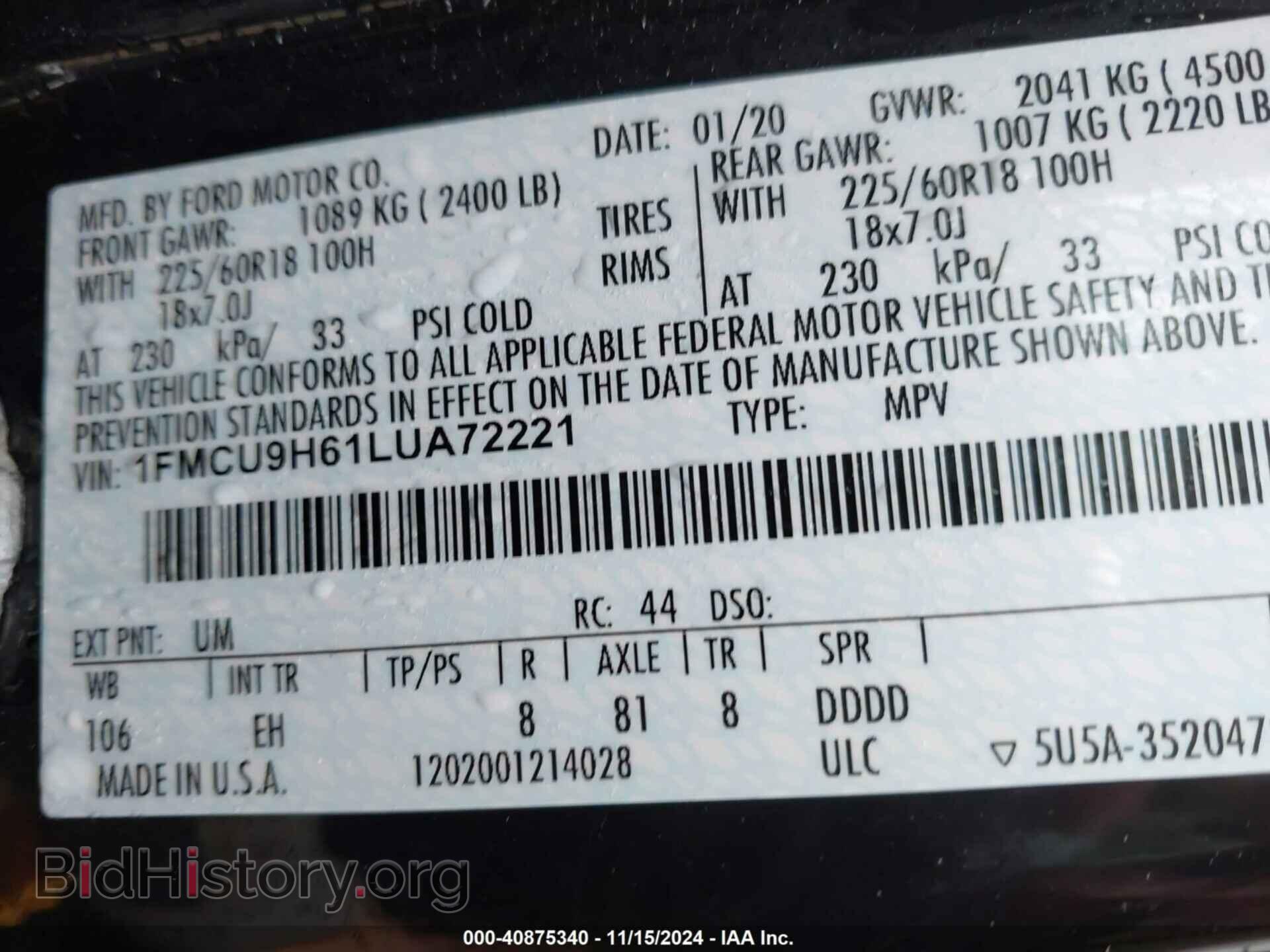 2020 FORD ESCAPE - VIN: 1FMCU9H61LUA72221 - Photo 9