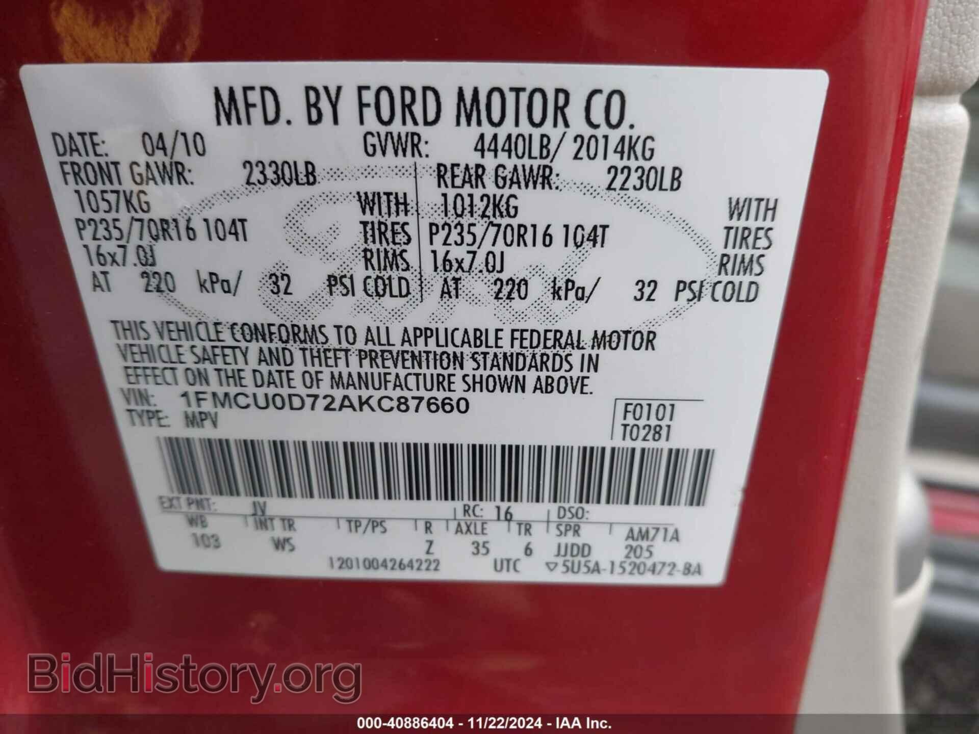 2010 FORD ESCAPE - VIN: 1FMCU0D72AKC87660 - Фото 9