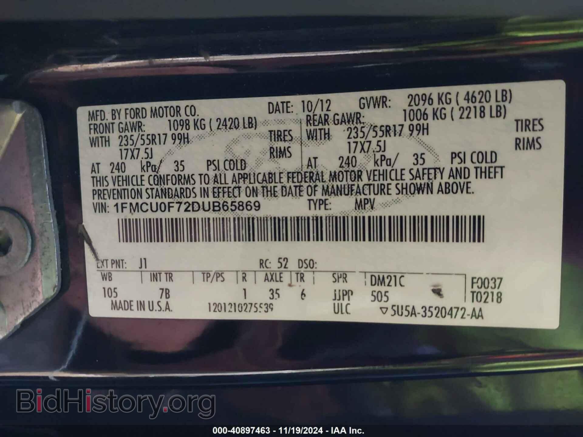 2013 FORD ESCAPE - VIN: 1FMCU0F72DUB65869 - Фото 9
