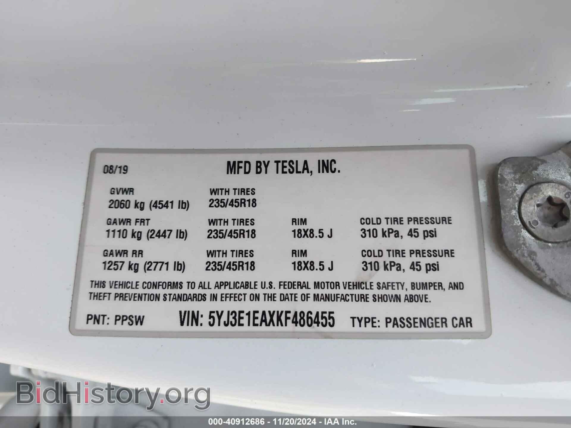2019 TESLA MODEL 3 - VIN: 5YJ3E1EAXKF486455 - Фото 9