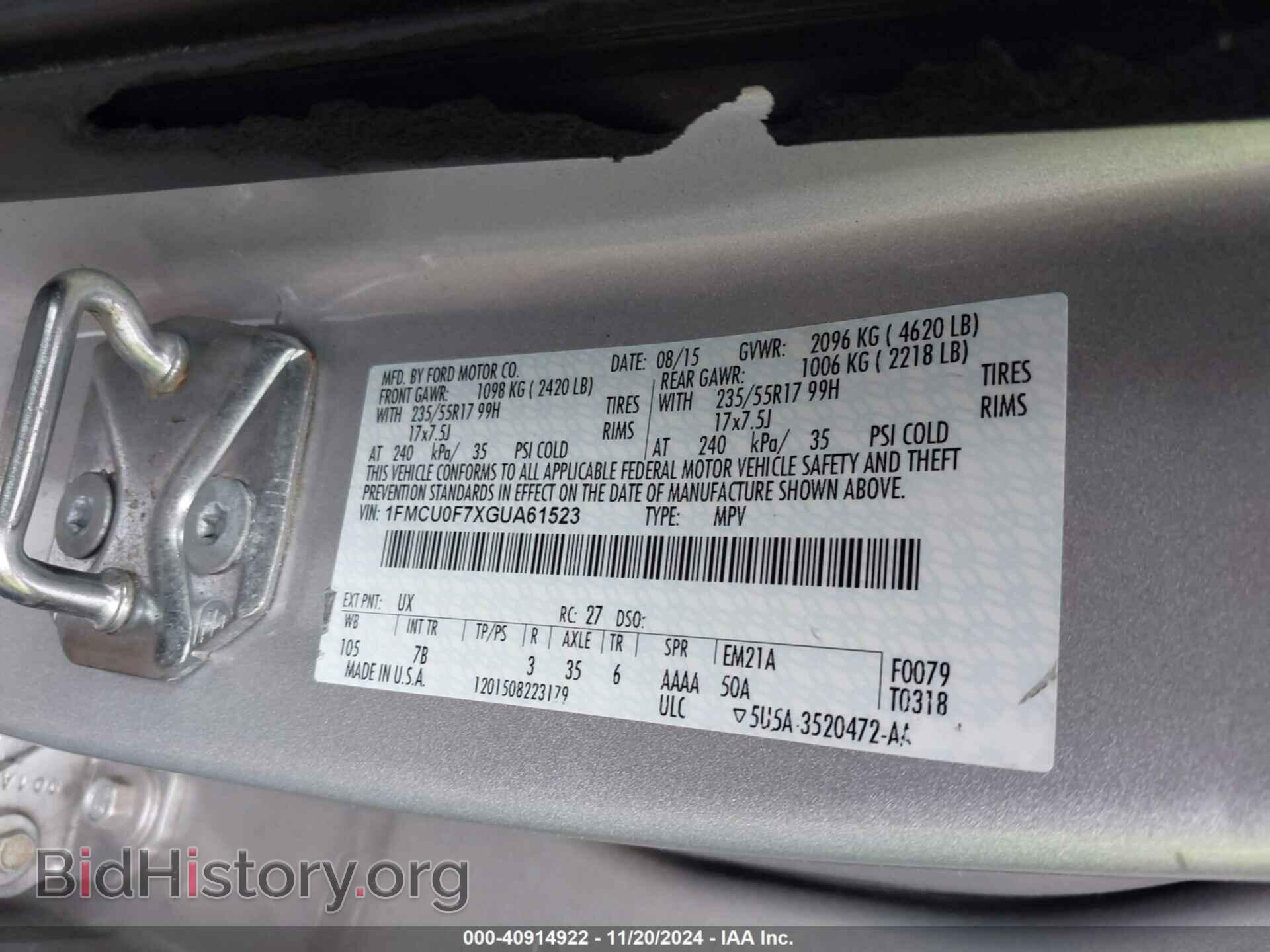 2016 FORD ESCAPE - VIN: 1FMCU0F7XGUA61523 - Фото 9