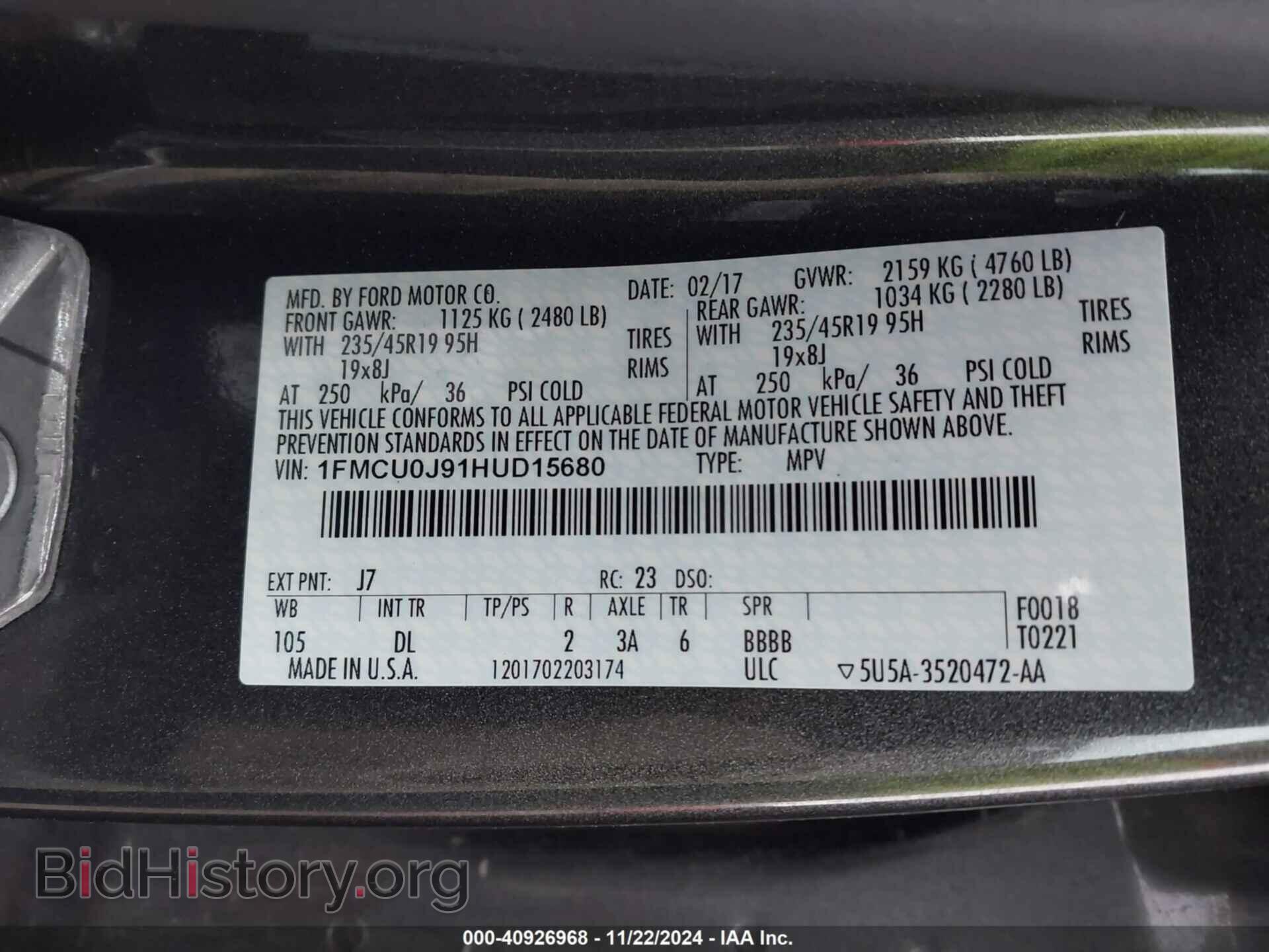 2017 FORD ESCAPE - VIN: 1FMCU0J91HUD15680 - Фото 9