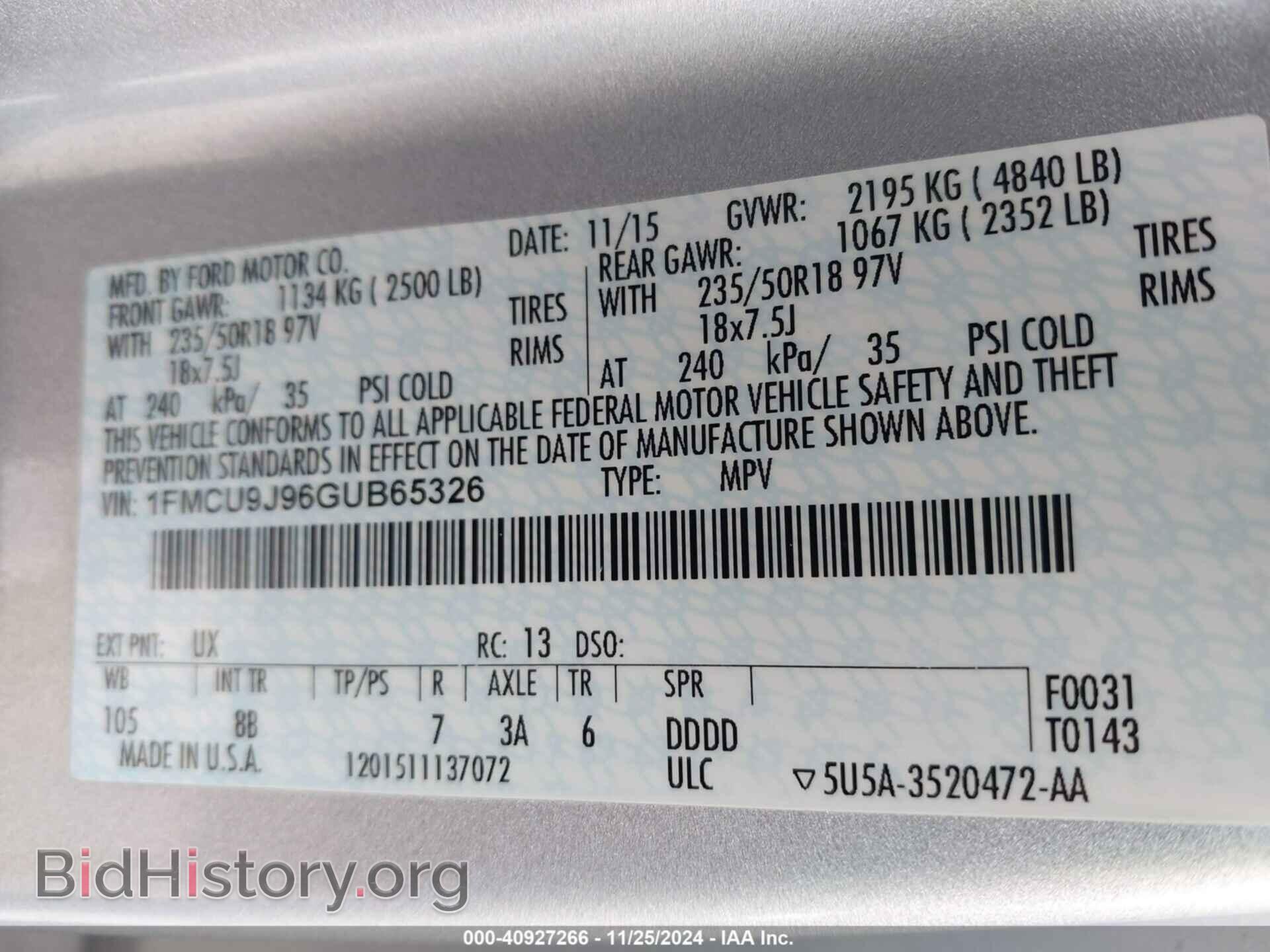 2016 FORD ESCAPE - VIN: 1FMCU9J96GUB65326 - Фото 9