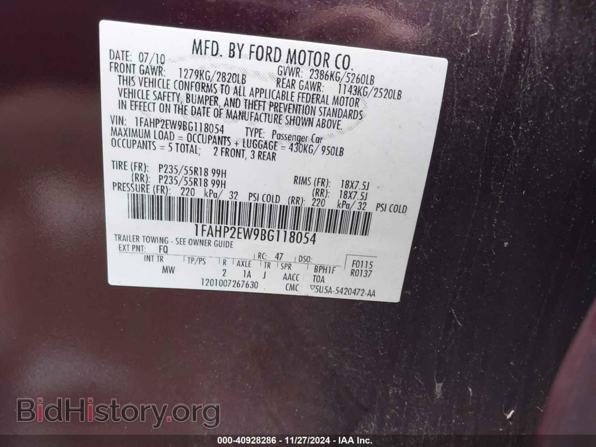 2011 FORD TAURUS - VIN: 1FAHP2EW9BG118054 - Photo 9