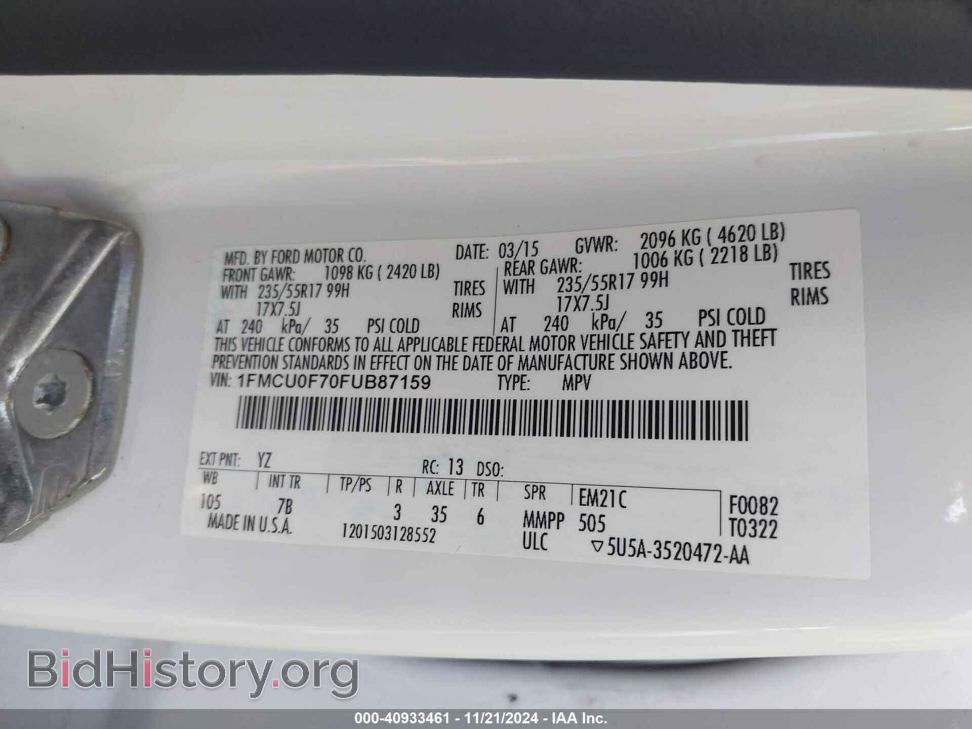 2015 FORD ESCAPE - VIN: 1FMCU0F70FUB87159 - Фото 9