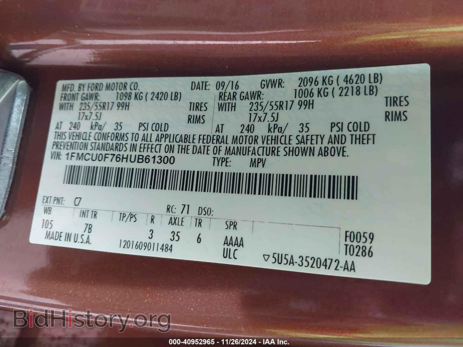 2017 FORD ESCAPE - VIN: 1FMCU0F76HUB61300 - Фото 9