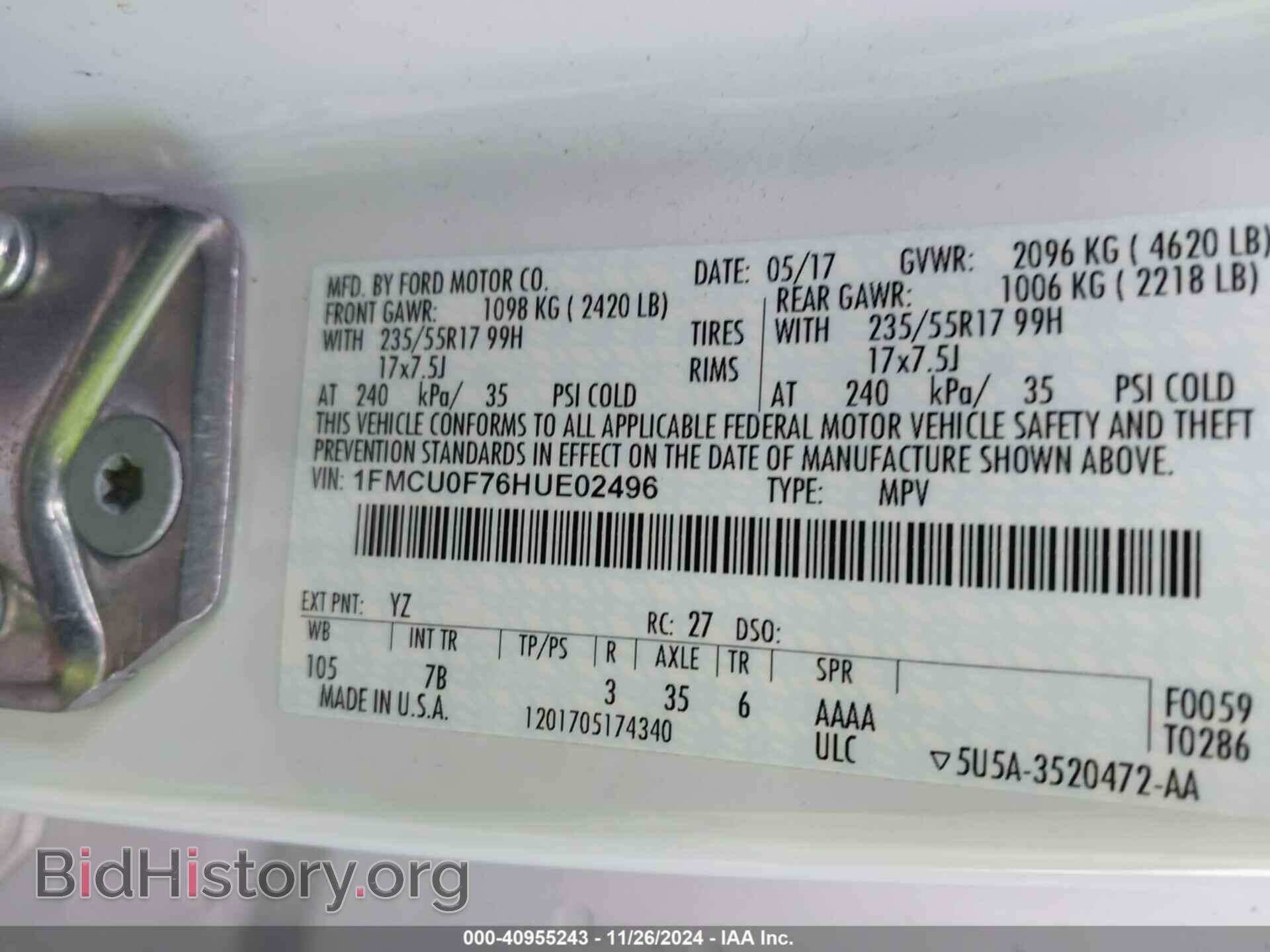 2017 FORD ESCAPE - VIN: 1FMCU0F76HUE02496 - Фото 9